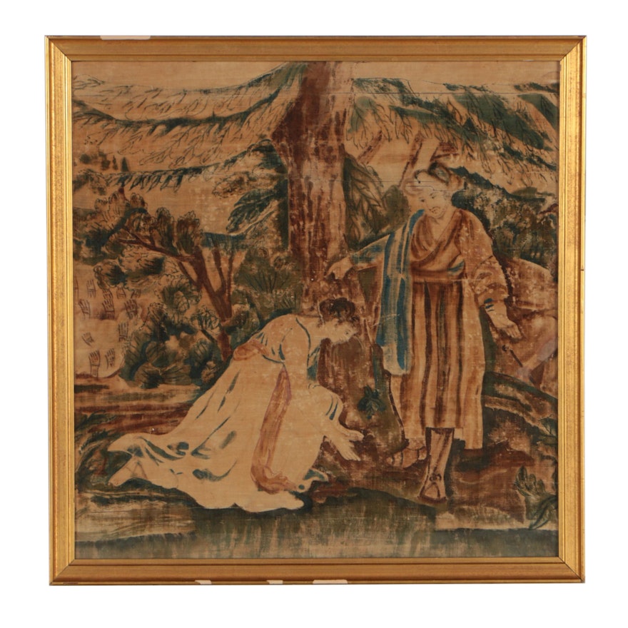19th Century Gouache Painting on Velvet of Ruth and Boaz