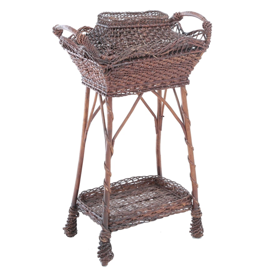 Late Victorian Brown Wicker Sewing Stand, Late 19th/Early 20th Century