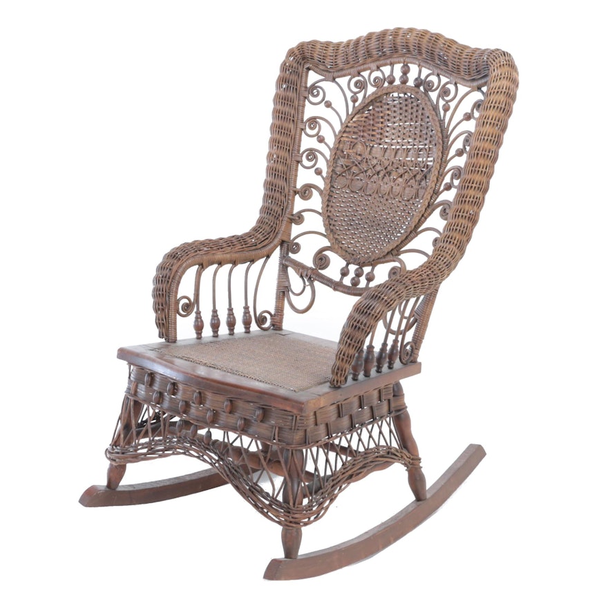 Late Victorian Brown Wicker Rocking Armchair, Late 19th/Early 20th Century