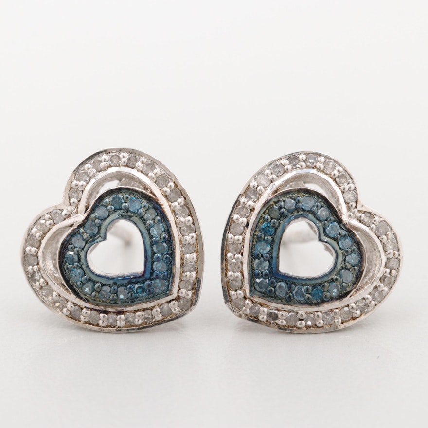 Sterling Silver Diamond and Blue Diamond Heart Earrings