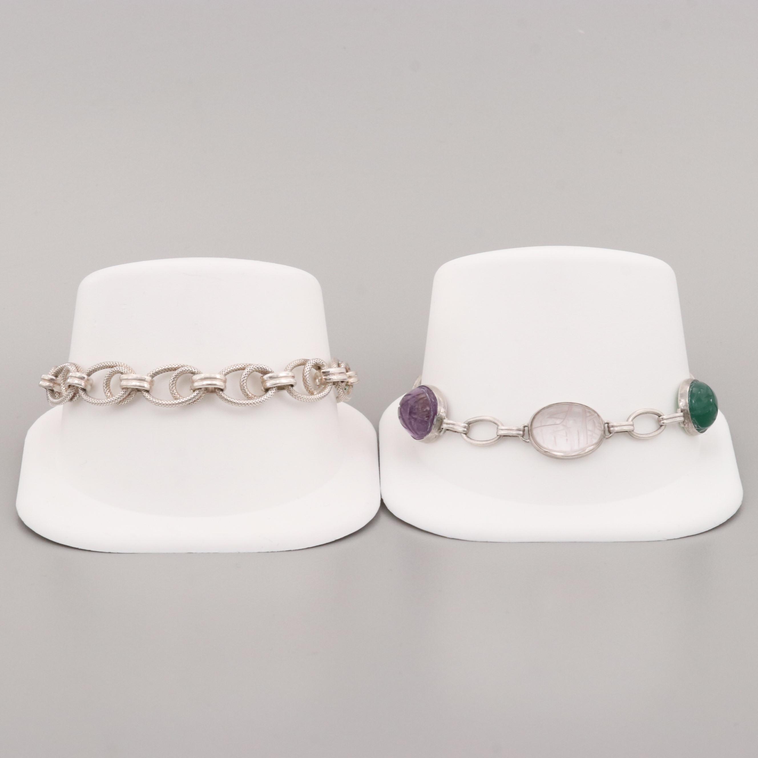 Sterling Silver Bracelet and Tiger's Eye, Amethyst, and Dyed Chalcedony Bracelet