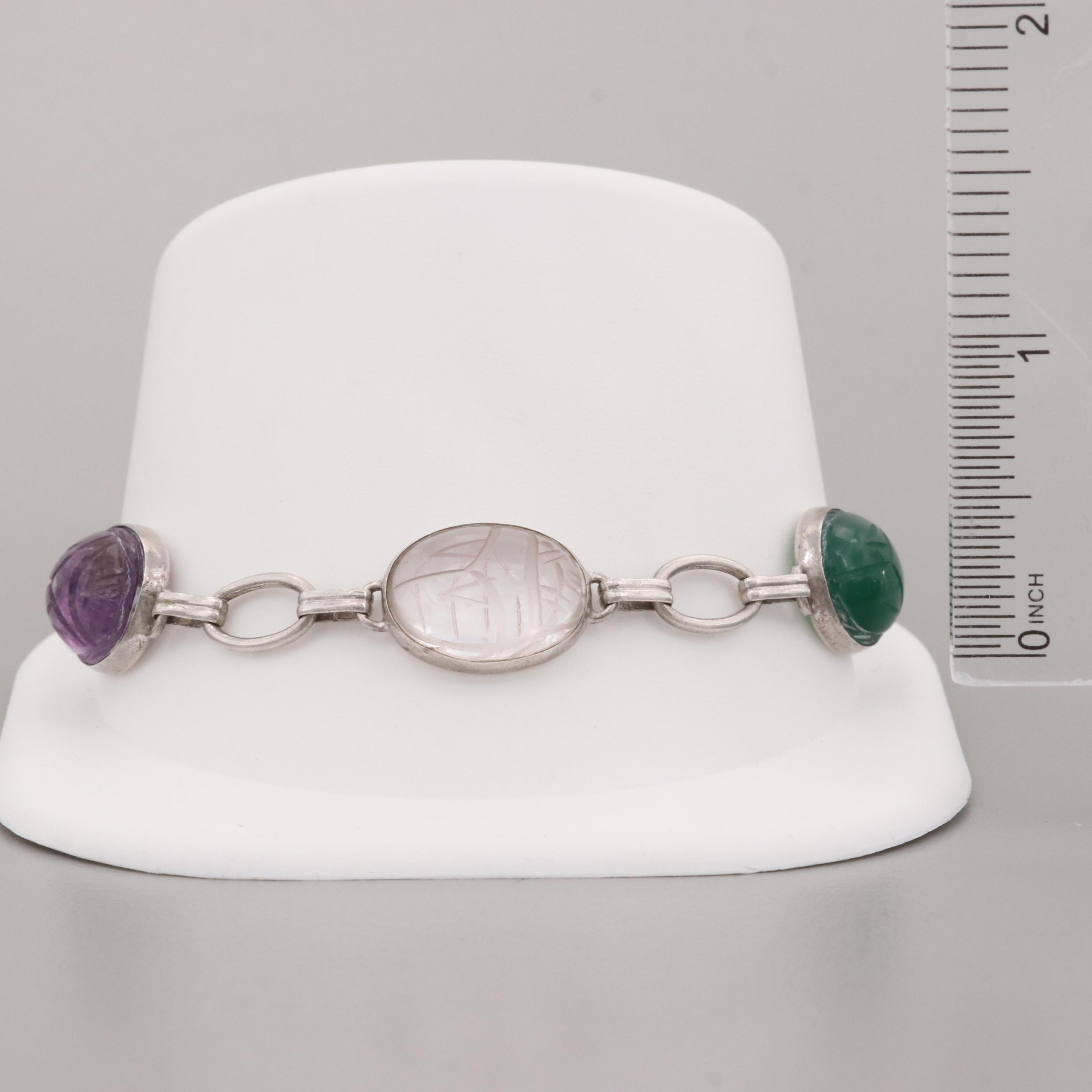 Sterling Silver Bracelet and Tiger's Eye, Amethyst, and Dyed Chalcedony Bracelet