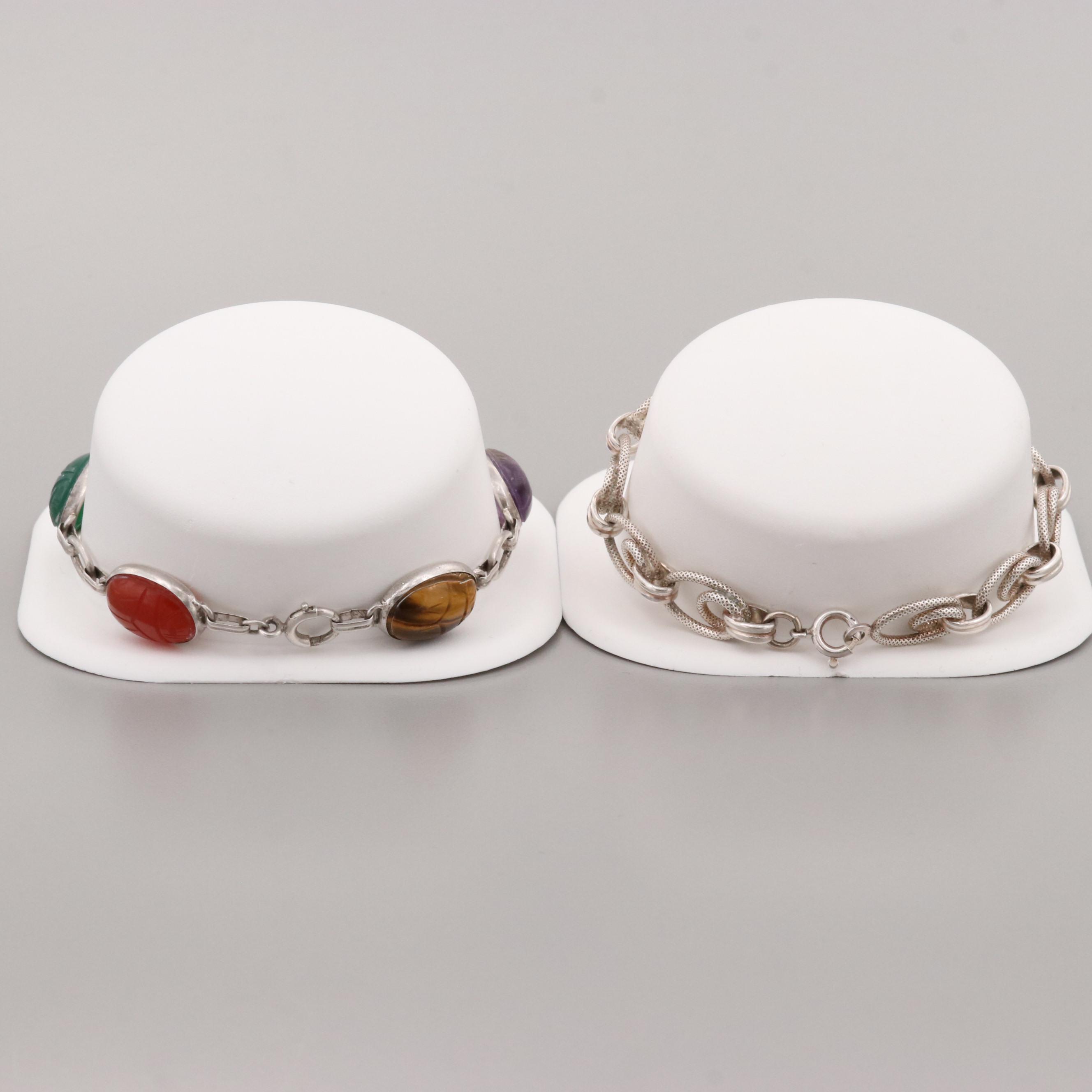 Sterling Silver Bracelet and Tiger's Eye, Amethyst, and Dyed Chalcedony Bracelet