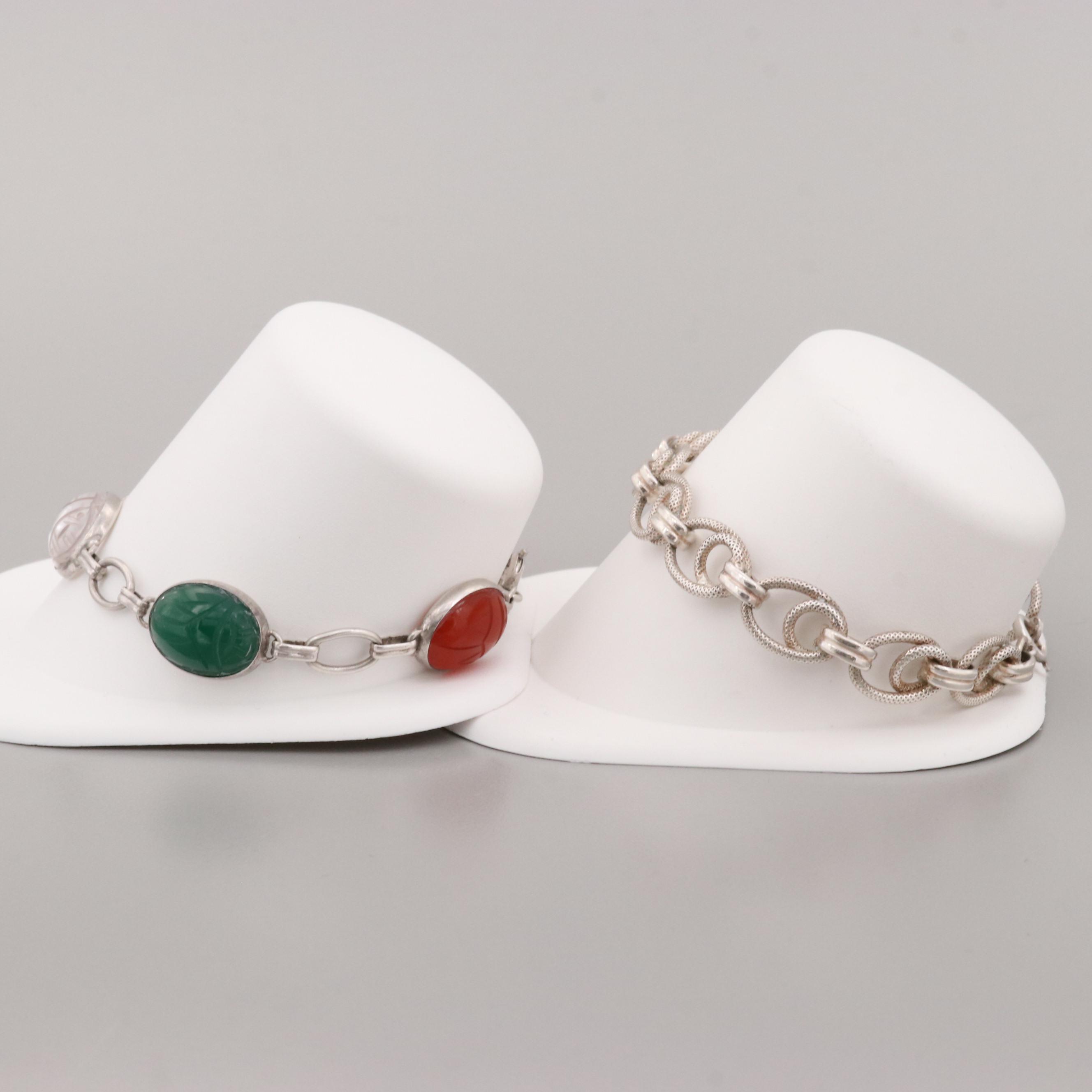 Sterling Silver Bracelet and Tiger's Eye, Amethyst, and Dyed Chalcedony Bracelet