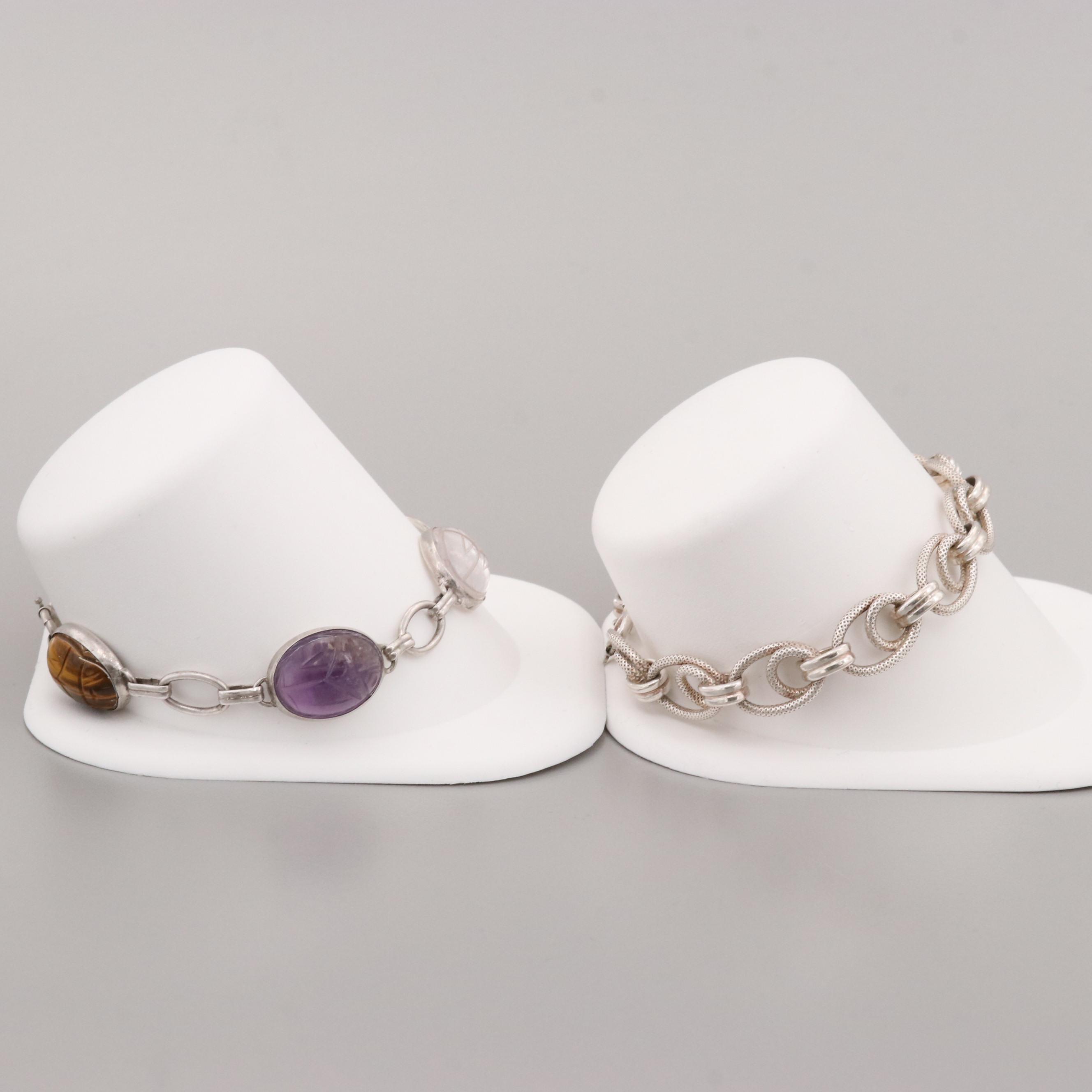 Sterling Silver Bracelet and Tiger's Eye, Amethyst, and Dyed Chalcedony Bracelet