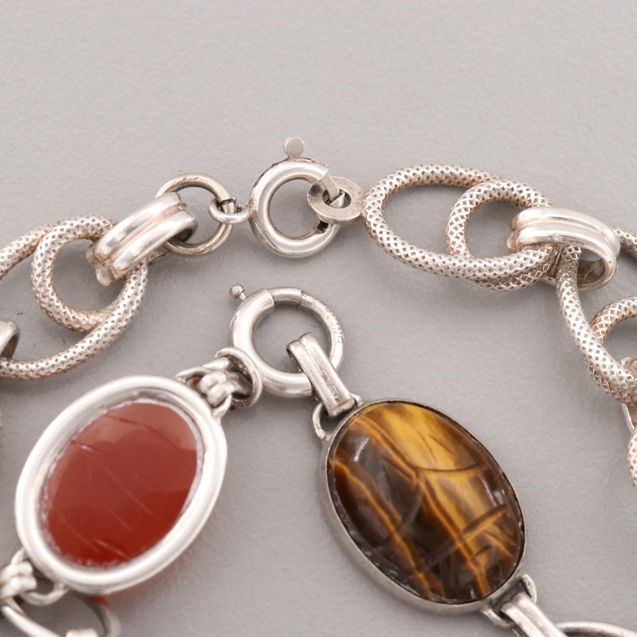 Sterling Silver Bracelet and Tiger's Eye, Amethyst, and Dyed Chalcedony Bracelet