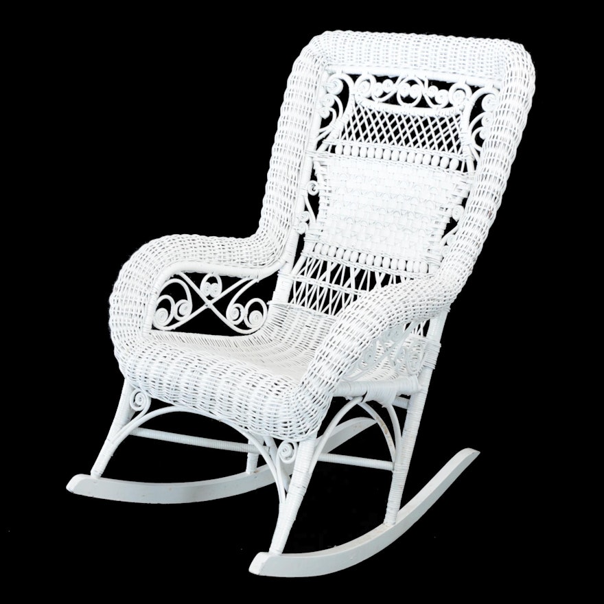Late Victorian White Wicker Rocking Armchair, Late 19th/Early 20th Century