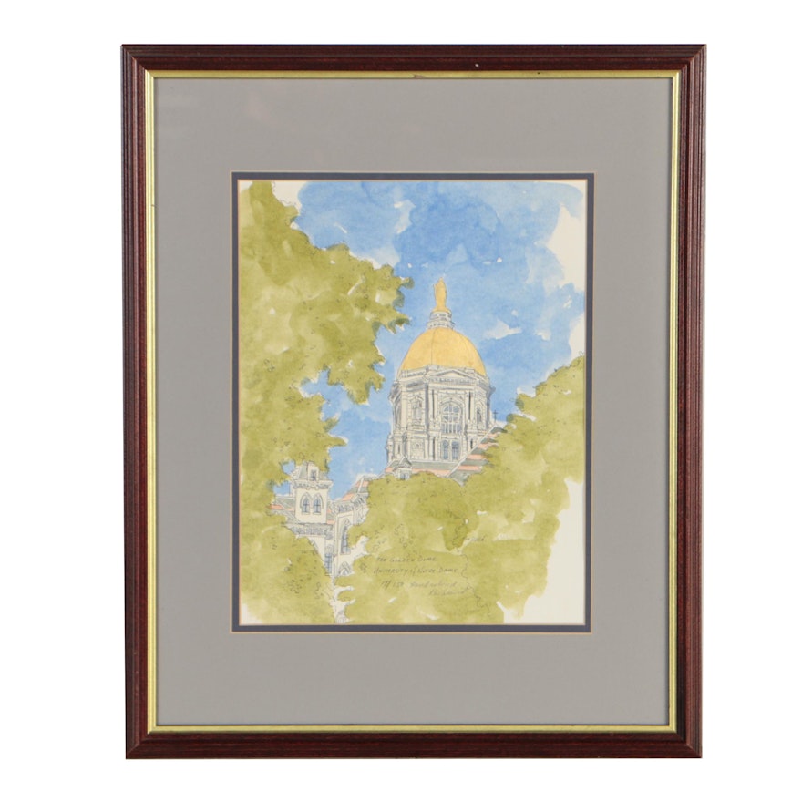 Ken David Hand-Colored Lithograph "The Golden Dome University of Notre Dame"