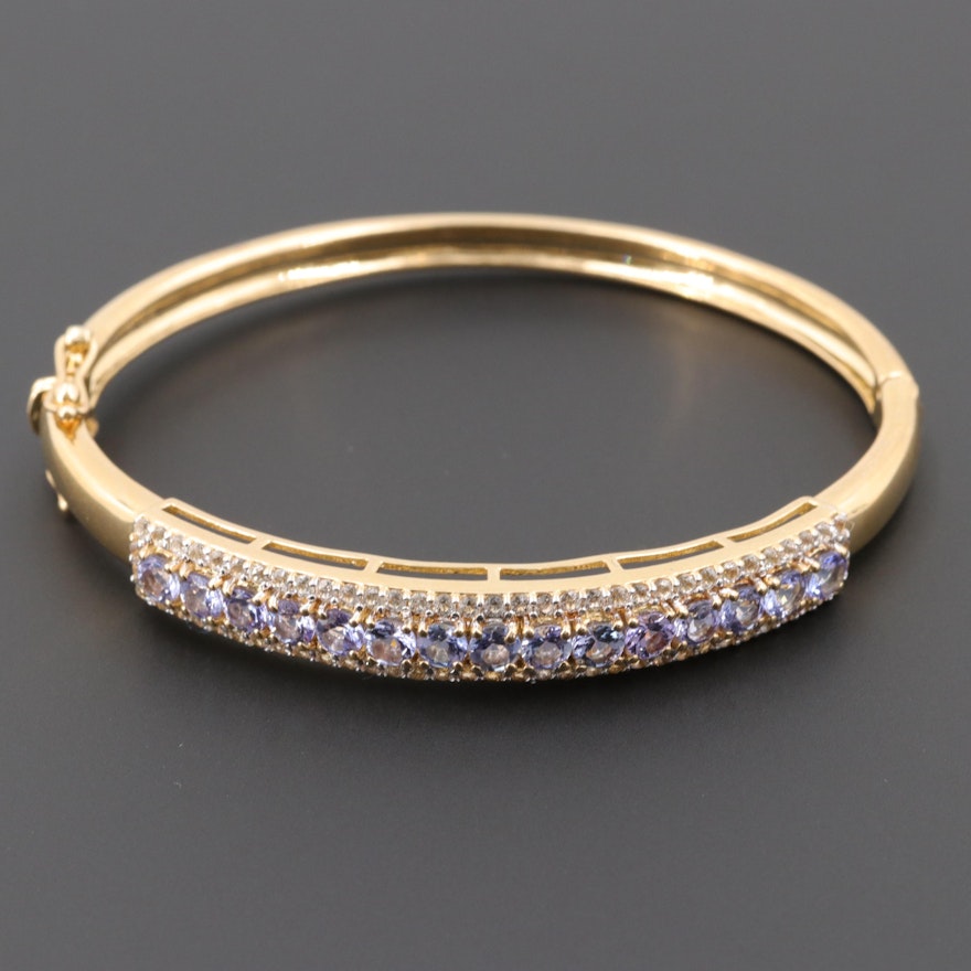 Gold Wash on Sterling Silver Tanzanite and White Topaz Hinged Bracelet
