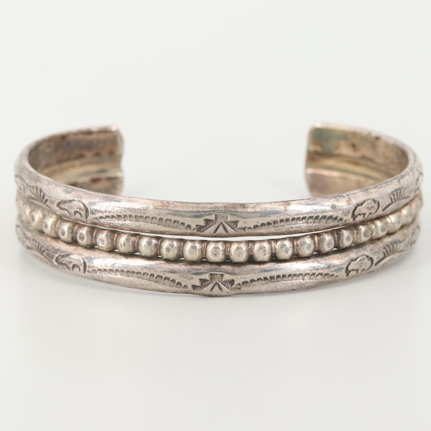 Southwestern Style Silver Tone Engraved Cuff Bracelet