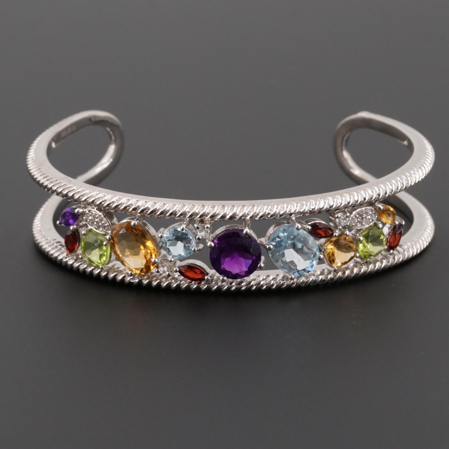 Sterling Silver Amethyst, Blue Topaz and Gemstone Cuff Bracelet