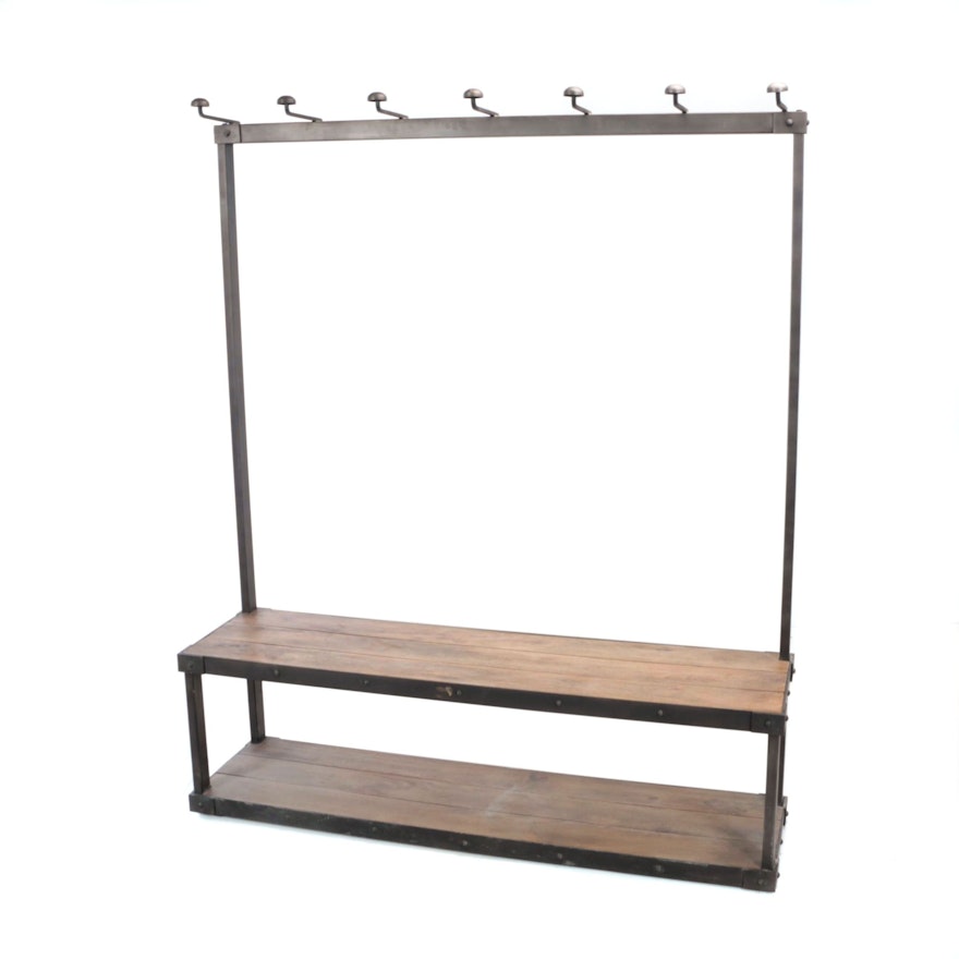 Restoration Hardware, Industrial Style Iron and Slatted Wood "Coat Rack Bench"