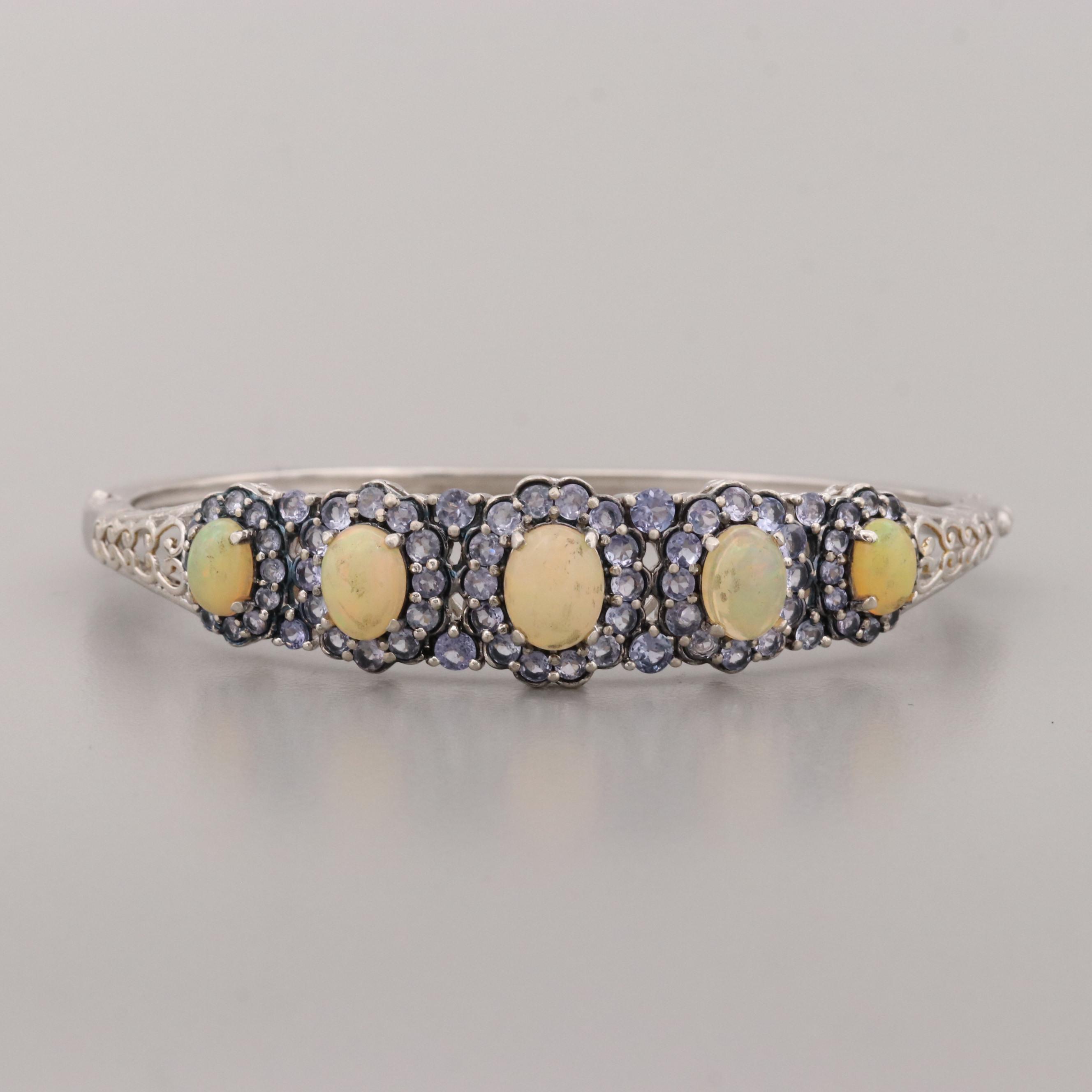 Sterling Silver Opal and Tanzanite Hinged Bracelet