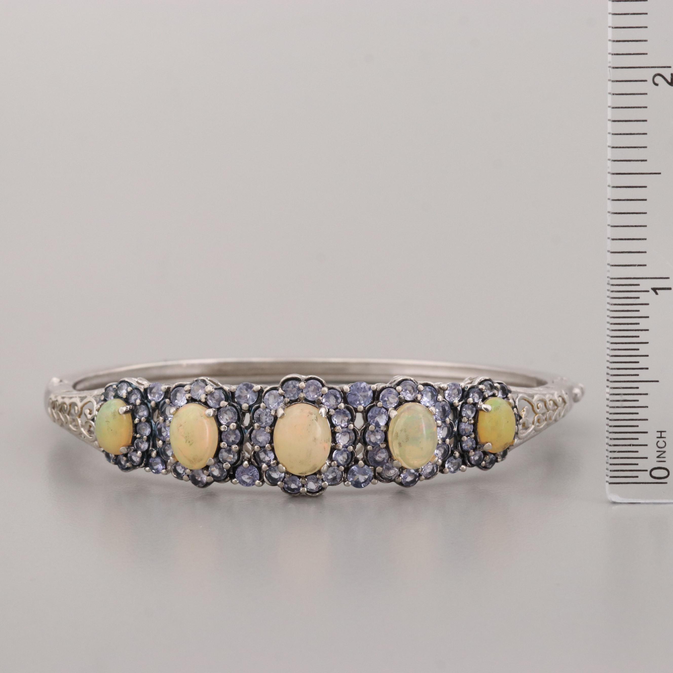Sterling Silver Opal and Tanzanite Hinged Bracelet