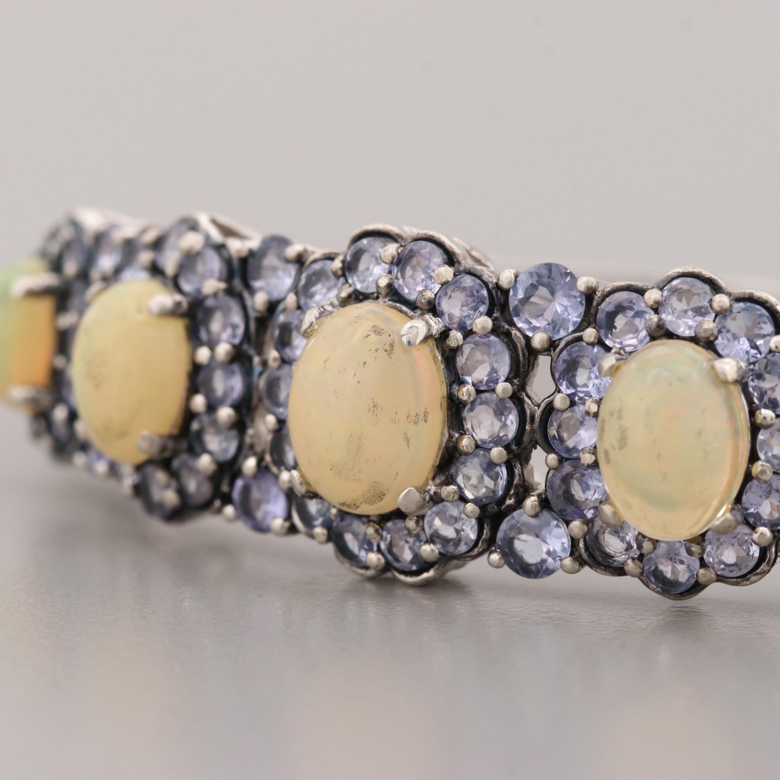 Sterling Silver Opal and Tanzanite Hinged Bracelet