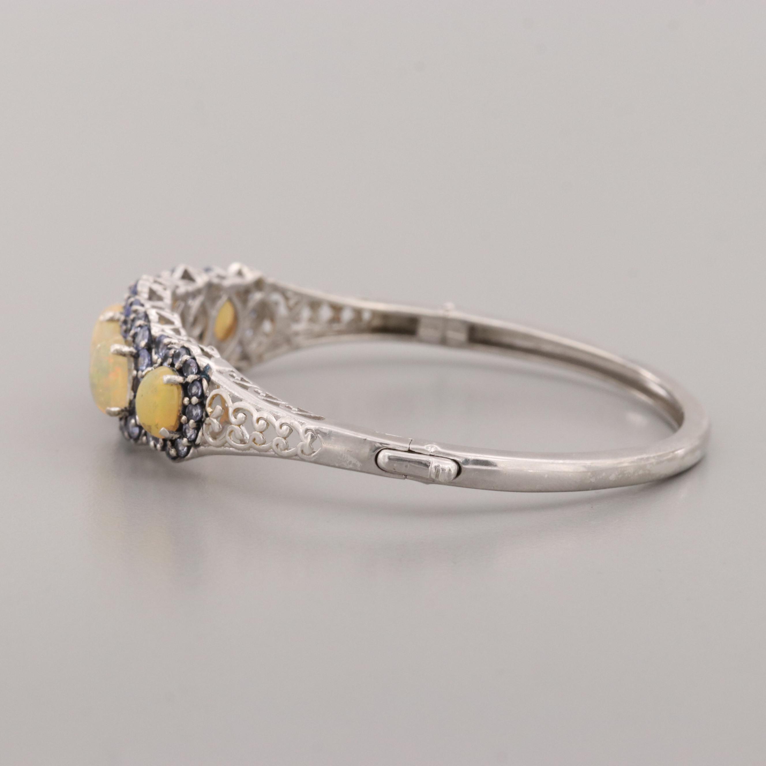 Sterling Silver Opal and Tanzanite Hinged Bracelet