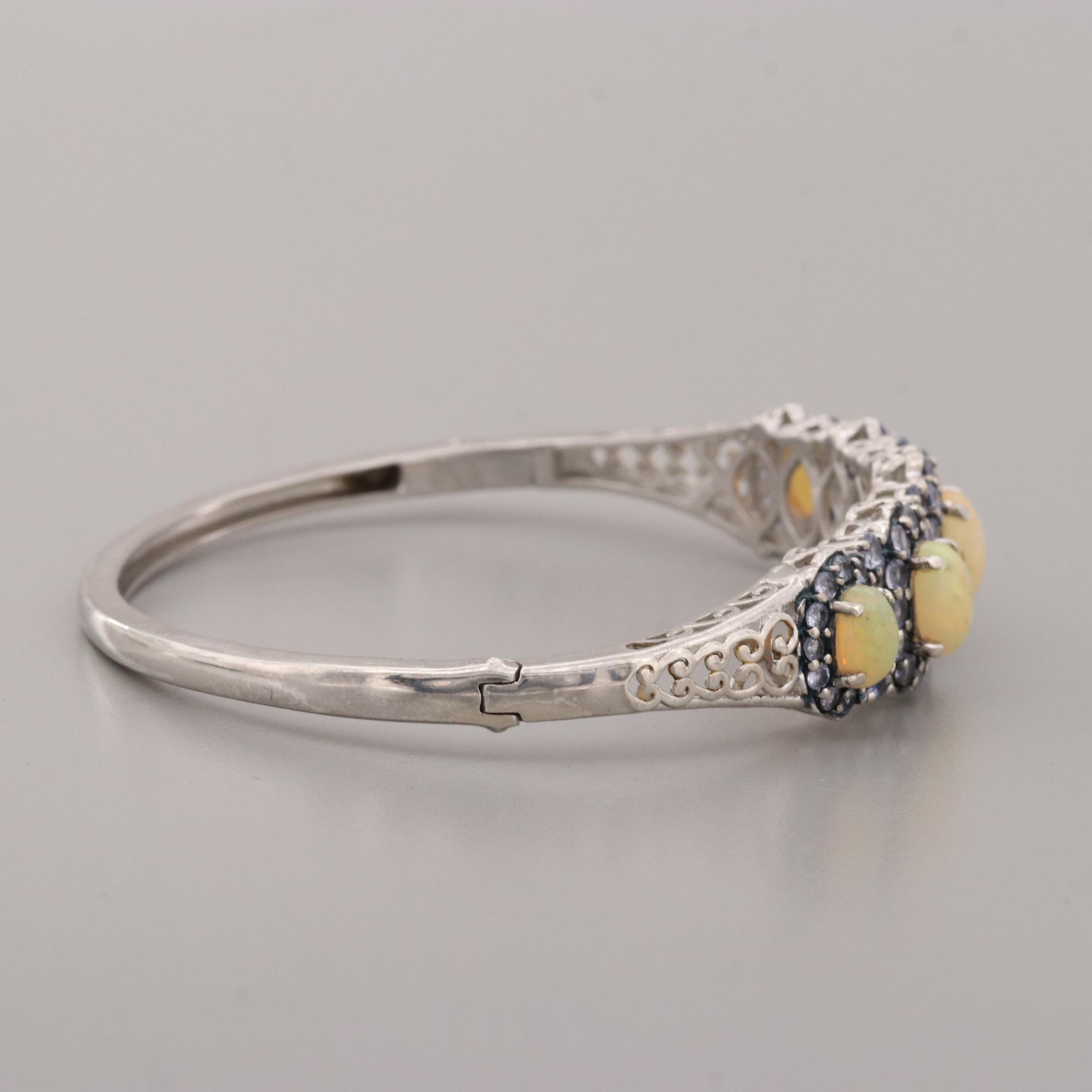 Sterling Silver Opal and Tanzanite Hinged Bracelet