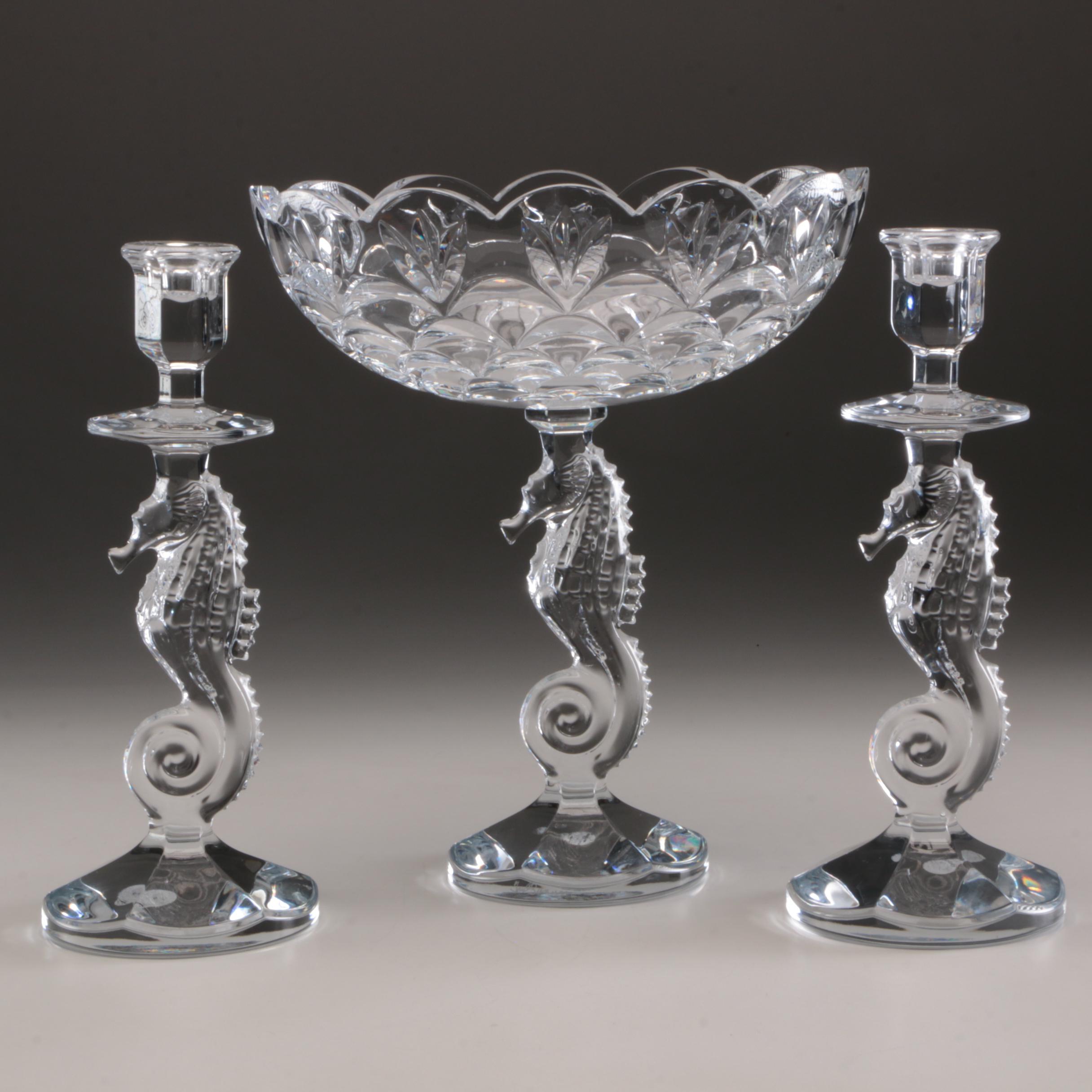 Waterford Crystal "Seahorse" Centerpiece Compote and Candlesticks