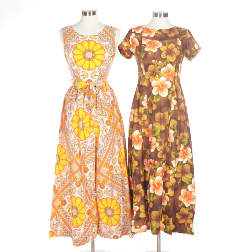 Women's Ui-Maikai Hawaiian Cotton Dress with Floral Print Jumpsuit, 1960s-70s