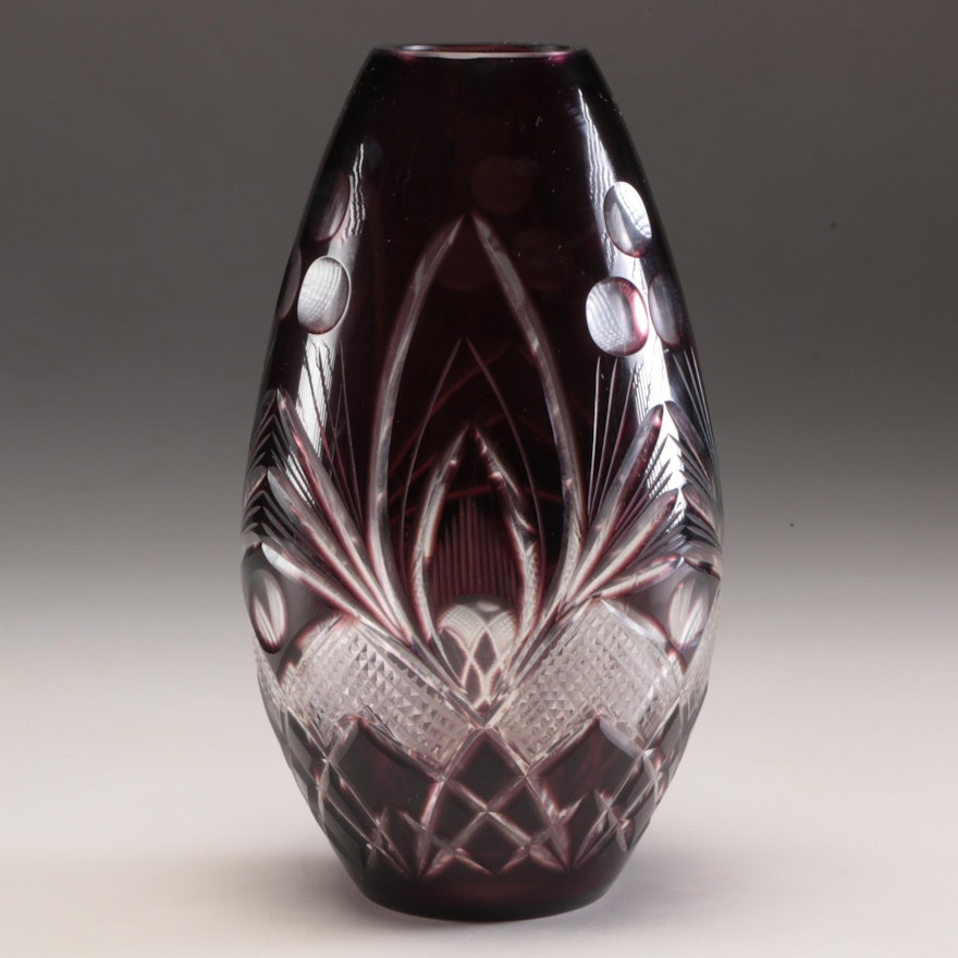 Bohemian Style Amethyst Cut to Clear Glass Vase