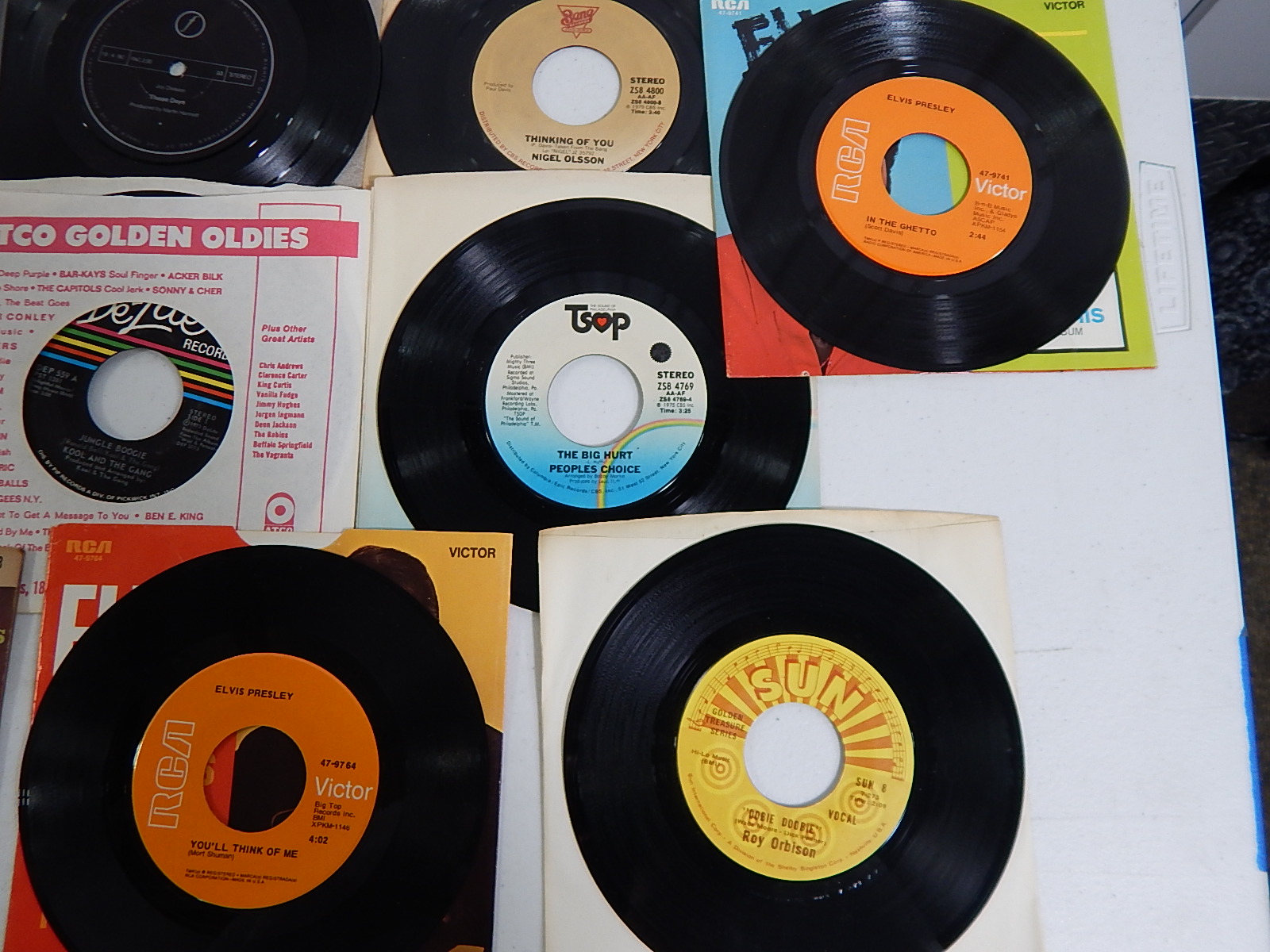 45 RPM Records with Jerry Lee Lewis on Sun Records, Elvis Presley, Roy Orbison