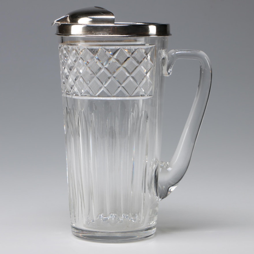 Art Deco Cut Crystal Cocktail Pitcher with Tiffany & Co. Sterling Silver Lip