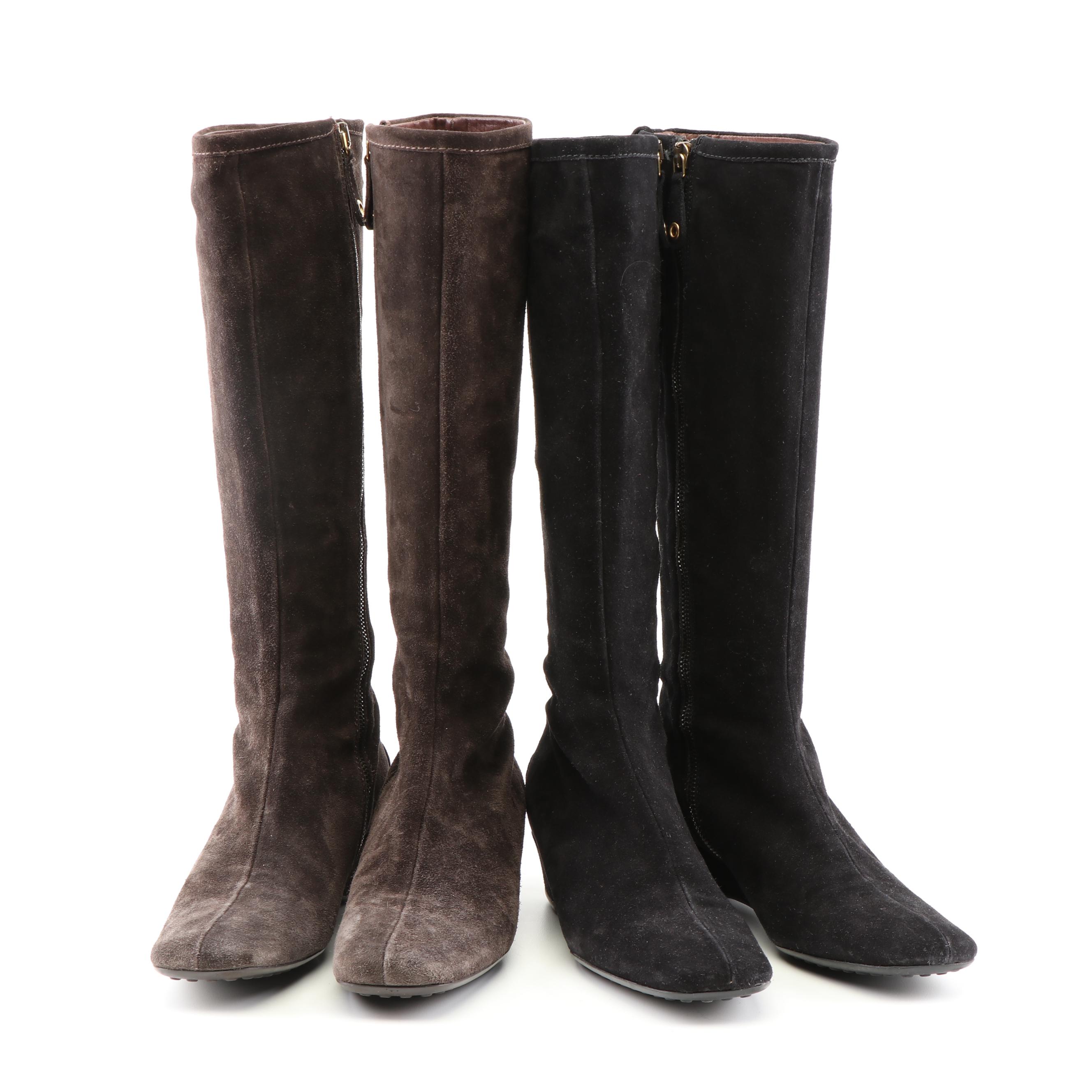 The Original Car Shoe Black and Brown Suede Tall Wedge Boots, a Prada Company