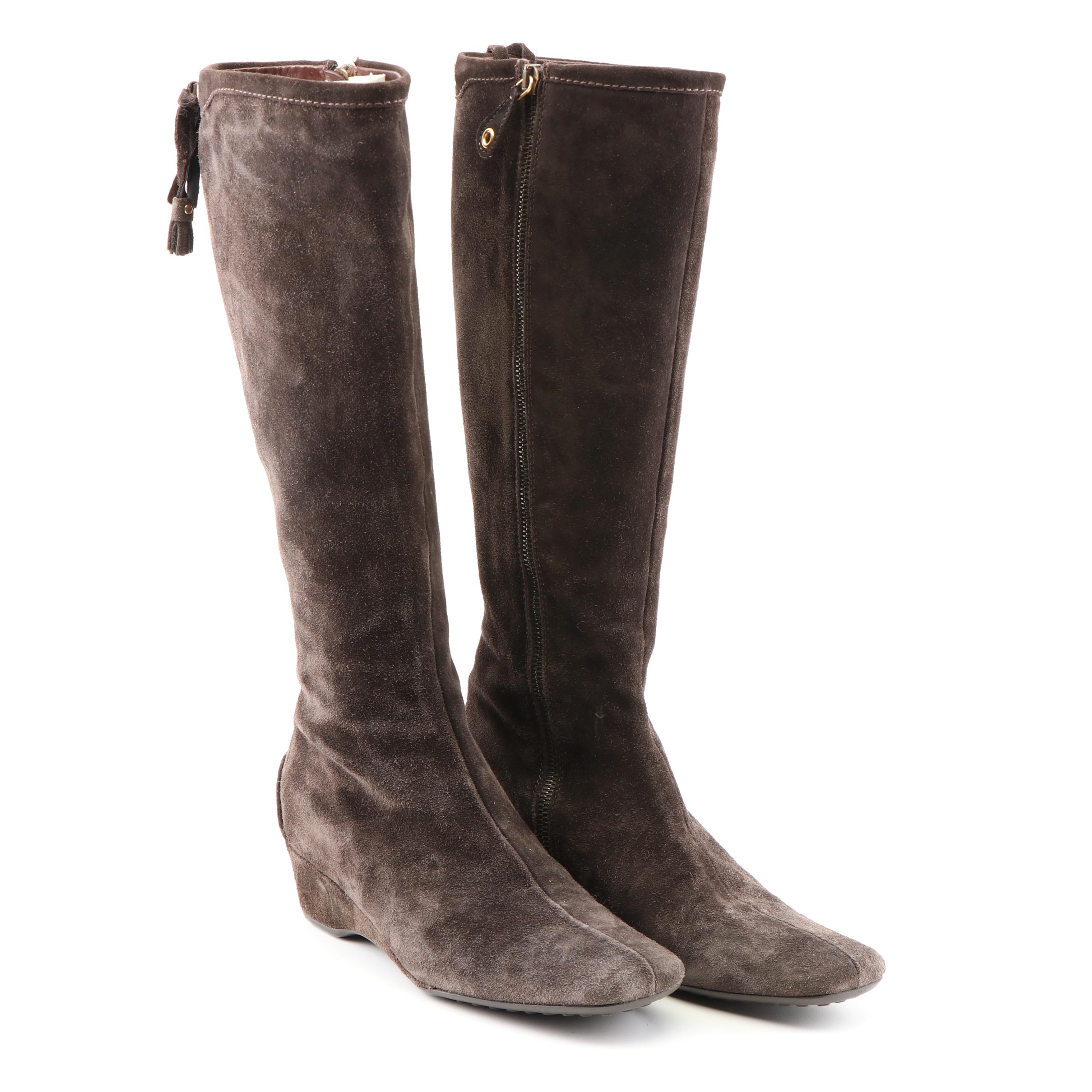 The Original Car Shoe Black and Brown Suede Tall Wedge Boots, a Prada Company