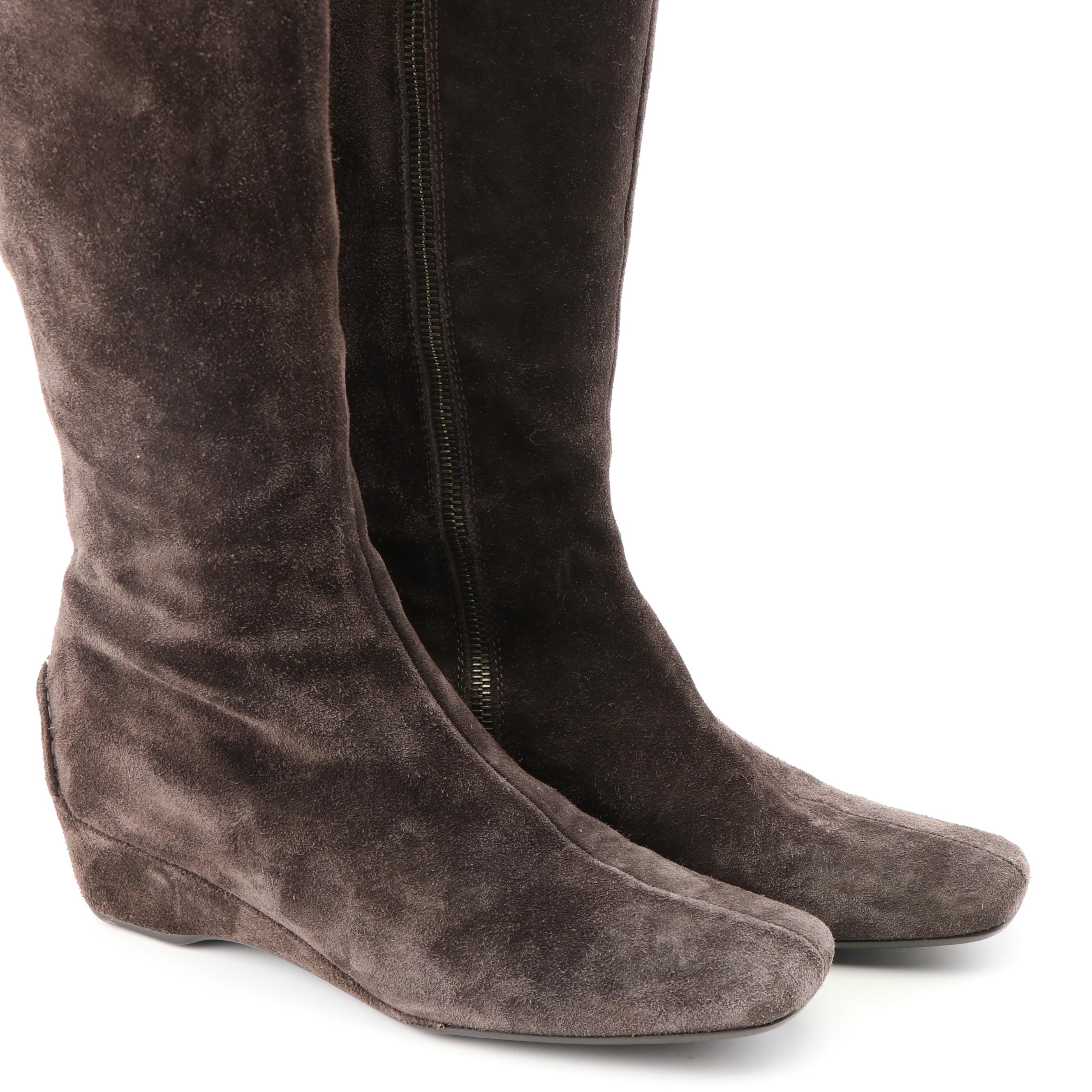 The Original Car Shoe Black and Brown Suede Tall Wedge Boots, a Prada Company