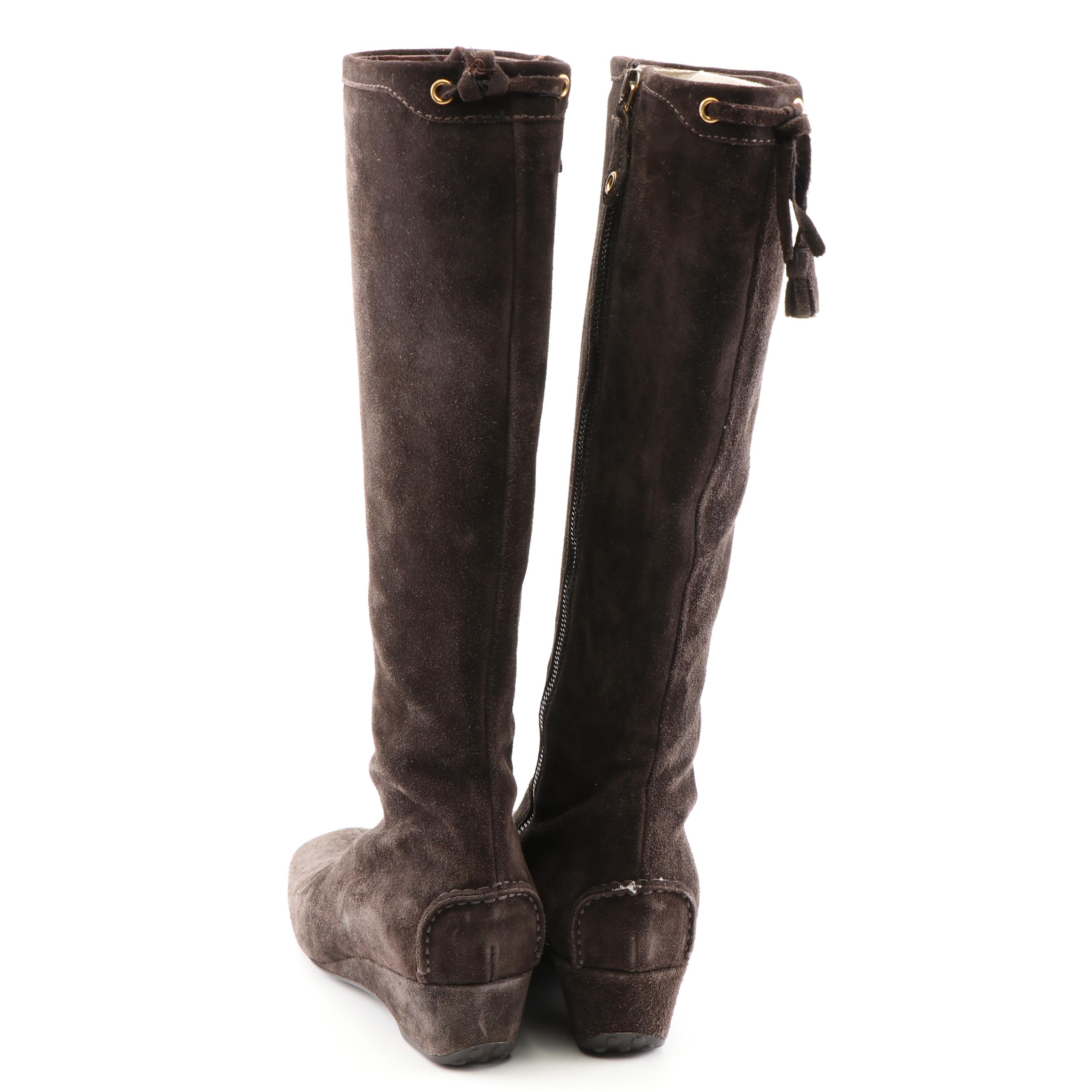 The Original Car Shoe Black and Brown Suede Tall Wedge Boots, a Prada Company