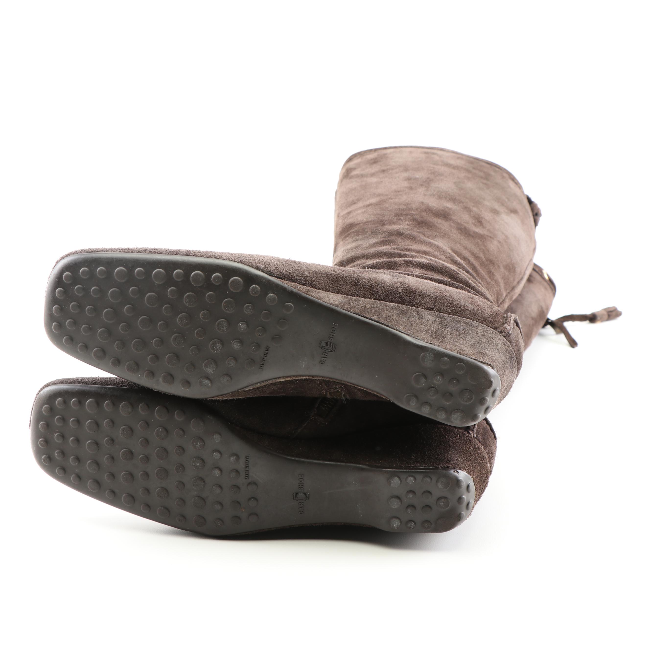 The Original Car Shoe Black and Brown Suede Tall Wedge Boots, a Prada Company