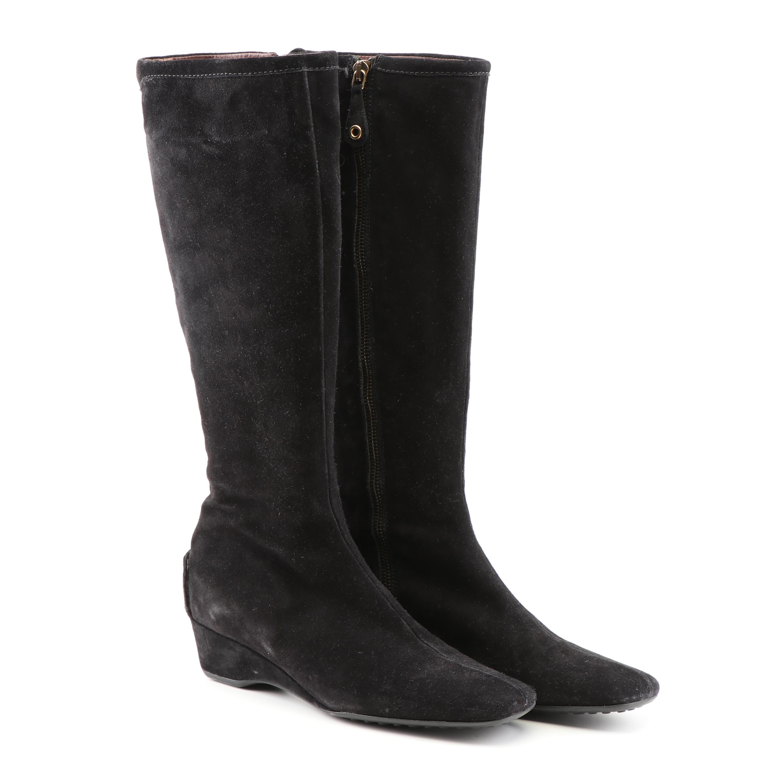 The Original Car Shoe Black and Brown Suede Tall Wedge Boots, a Prada Company