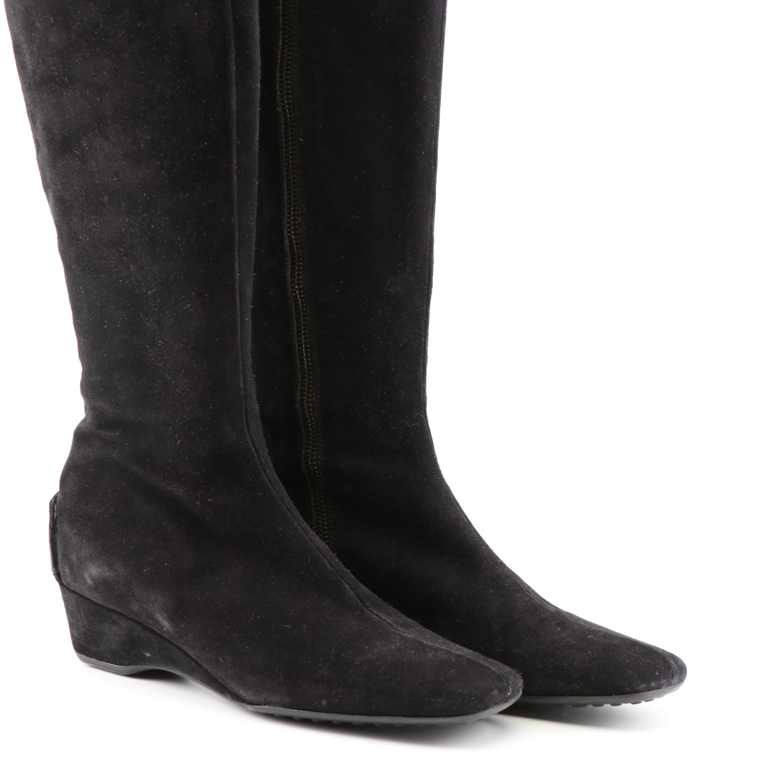 The Original Car Shoe Black and Brown Suede Tall Wedge Boots, a Prada Company