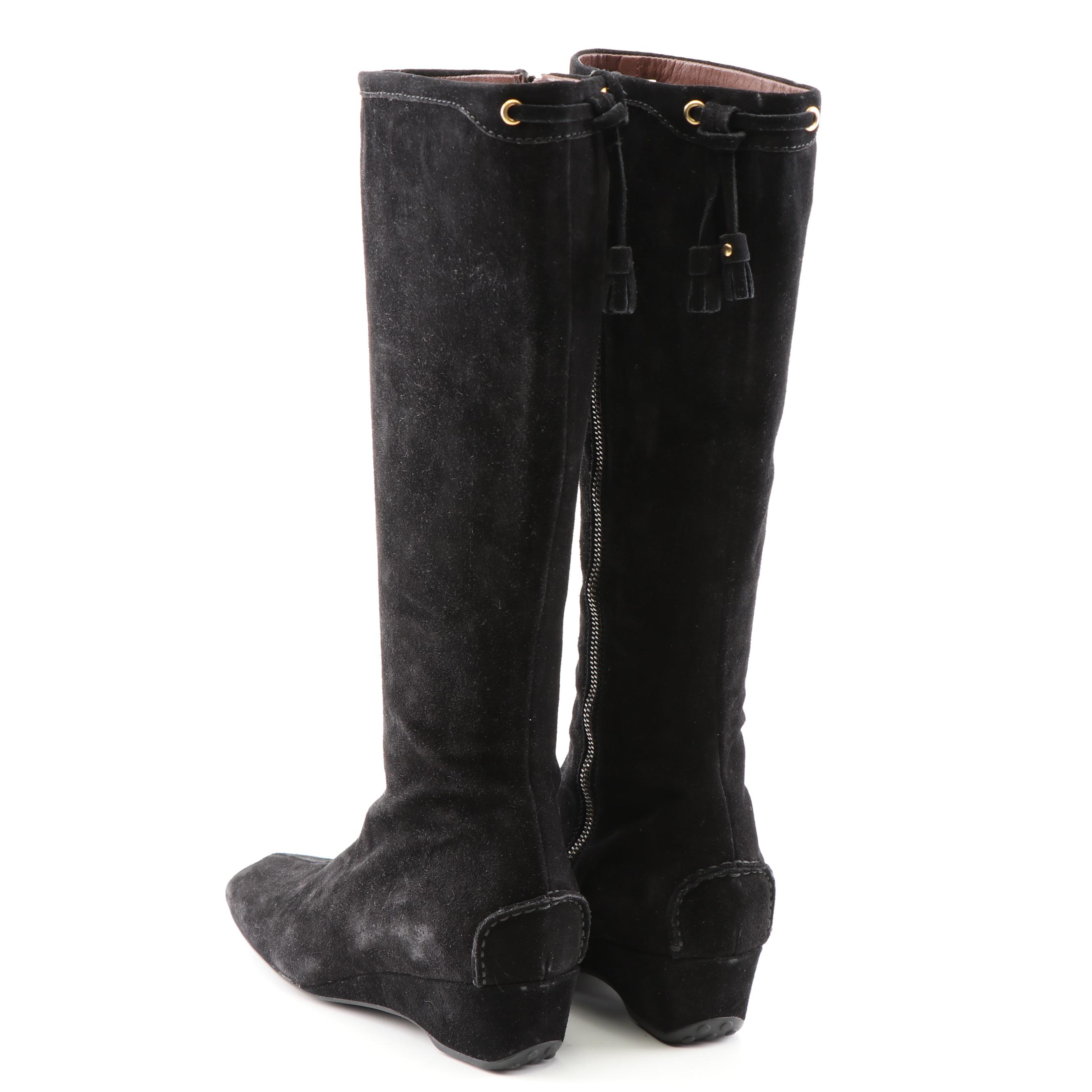 The Original Car Shoe Black and Brown Suede Tall Wedge Boots, a Prada Company