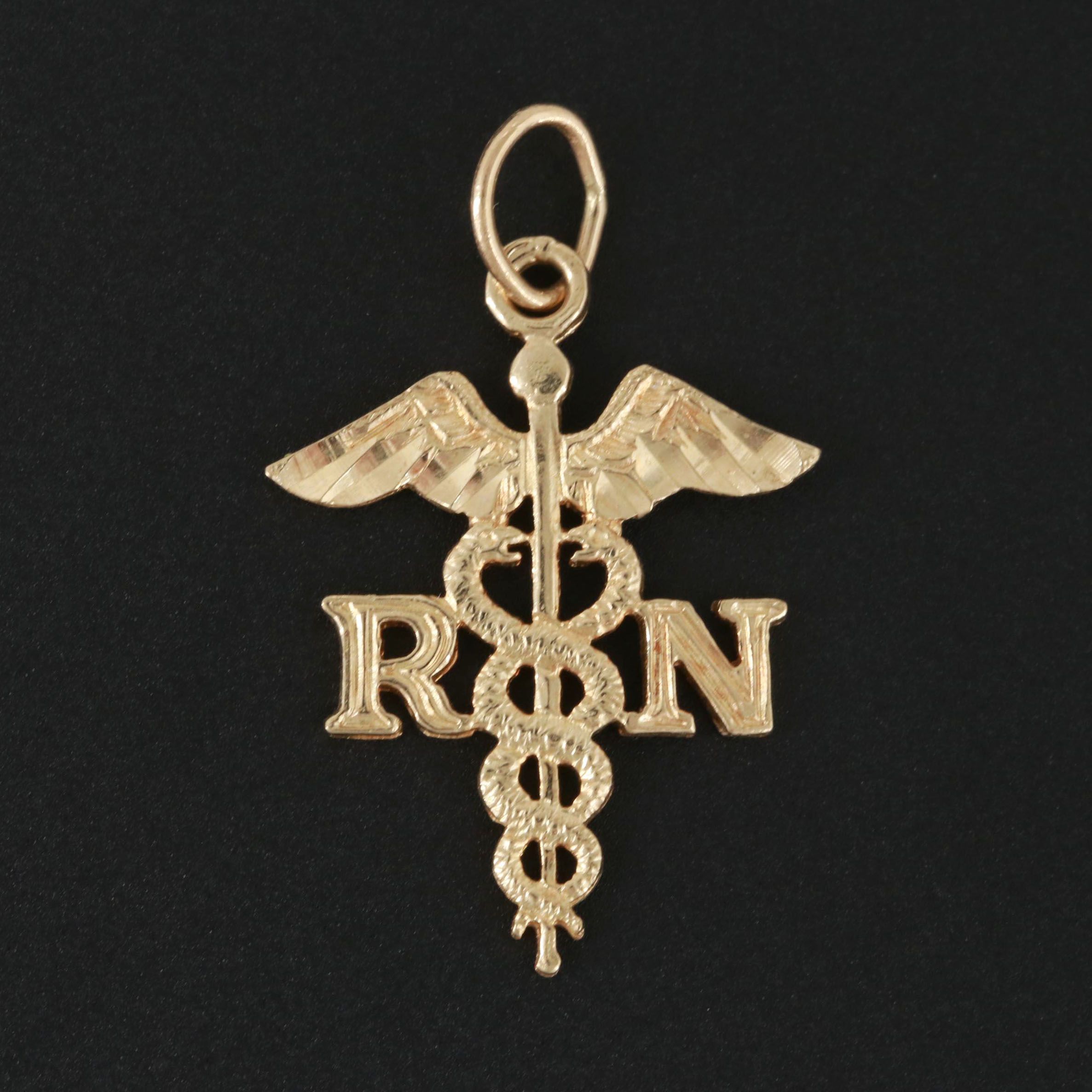 14K Yellow Gold Caduceus "RN" Pendant