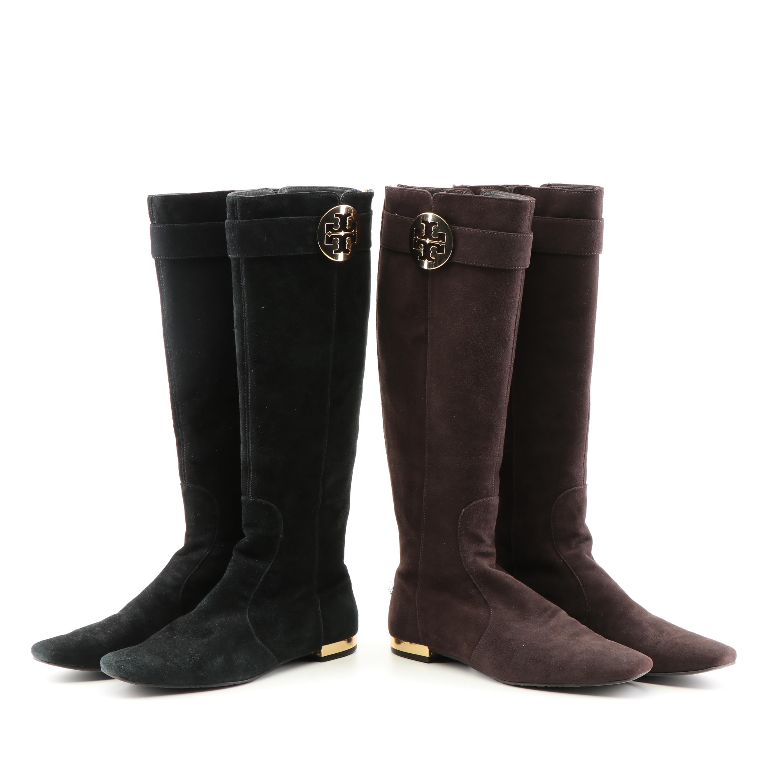 Tory Burch Black and Brown Suede Zipper-Back Tall Boots