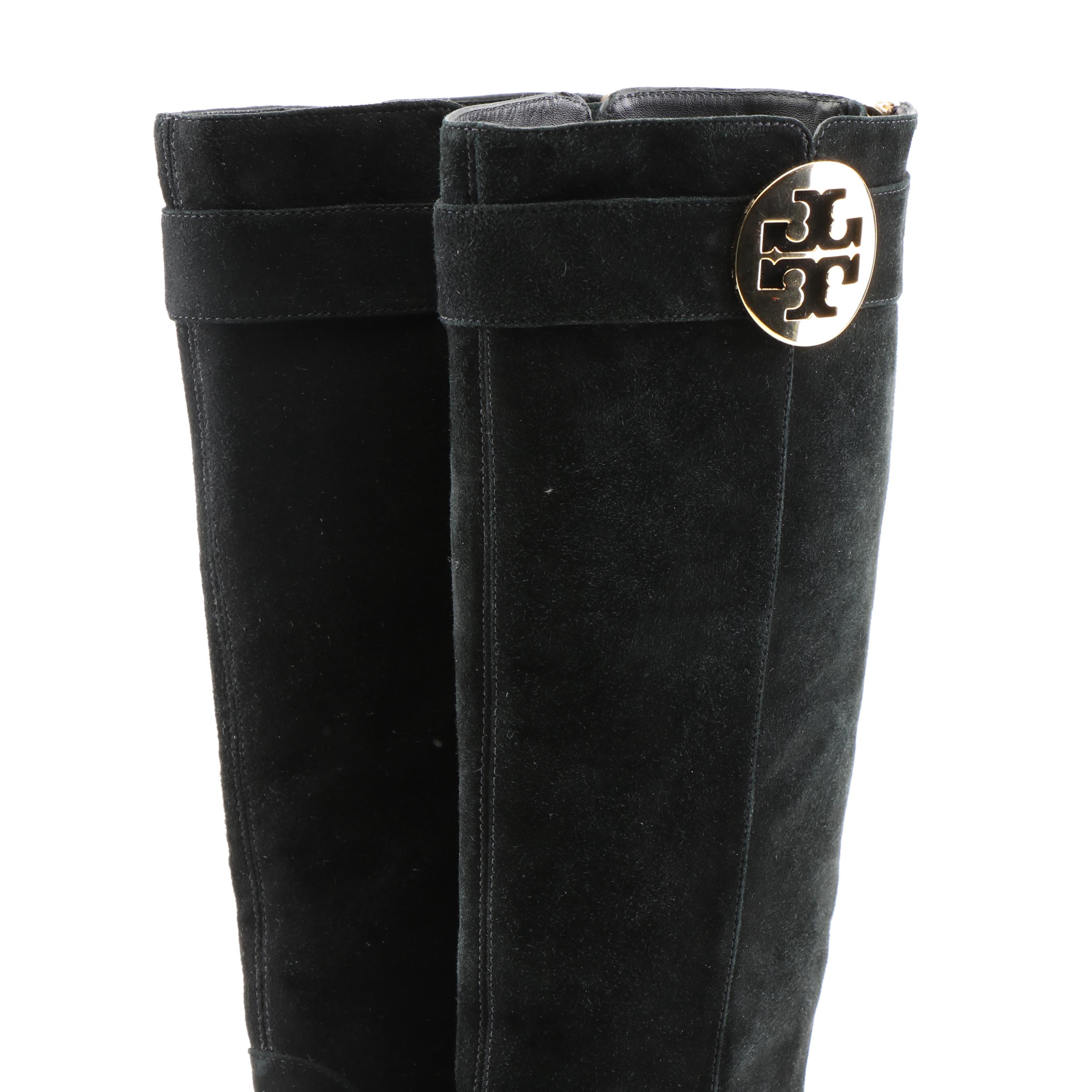 Tory Burch Black and Brown Suede Zipper-Back Tall Boots