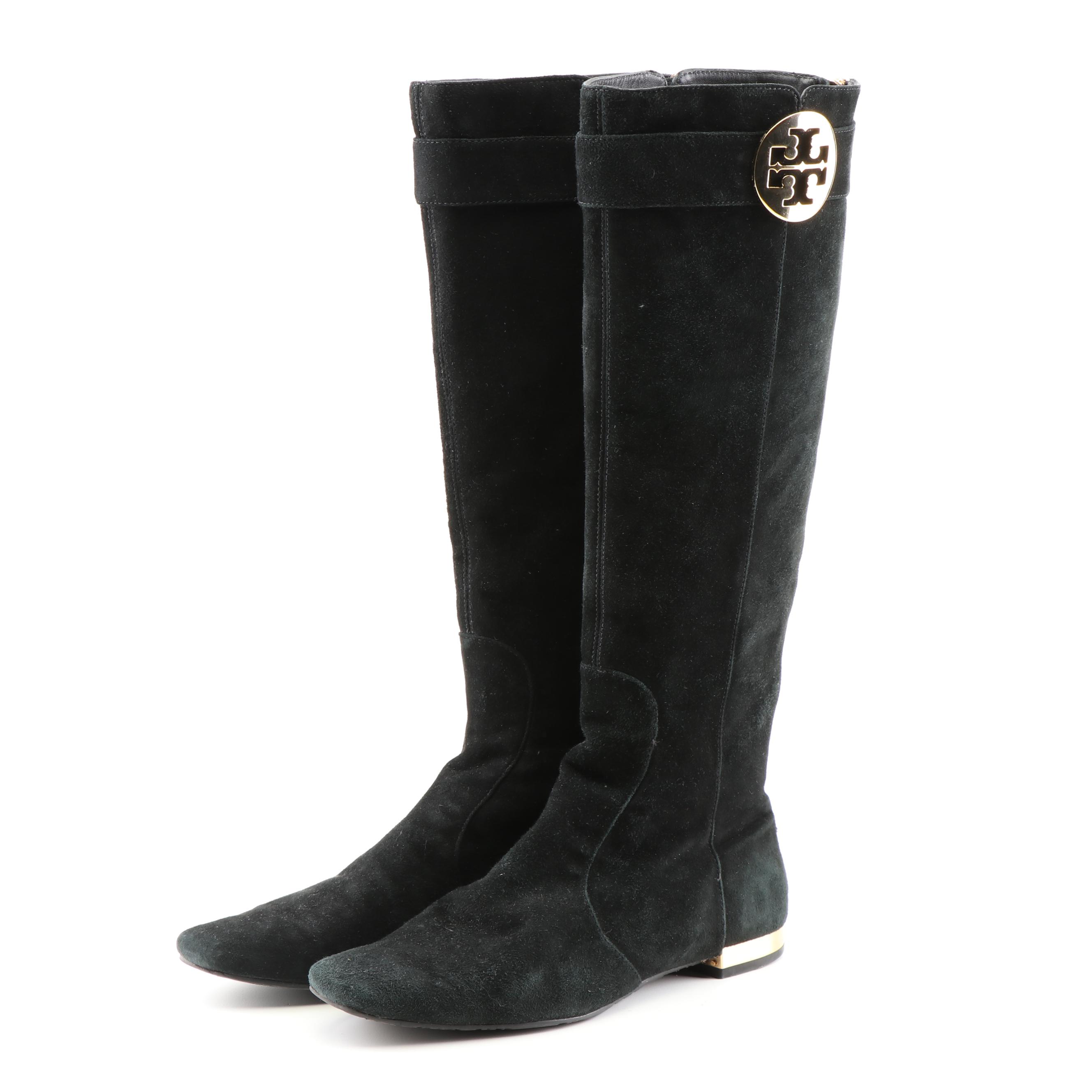 Tory Burch Black and Brown Suede Zipper-Back Tall Boots
