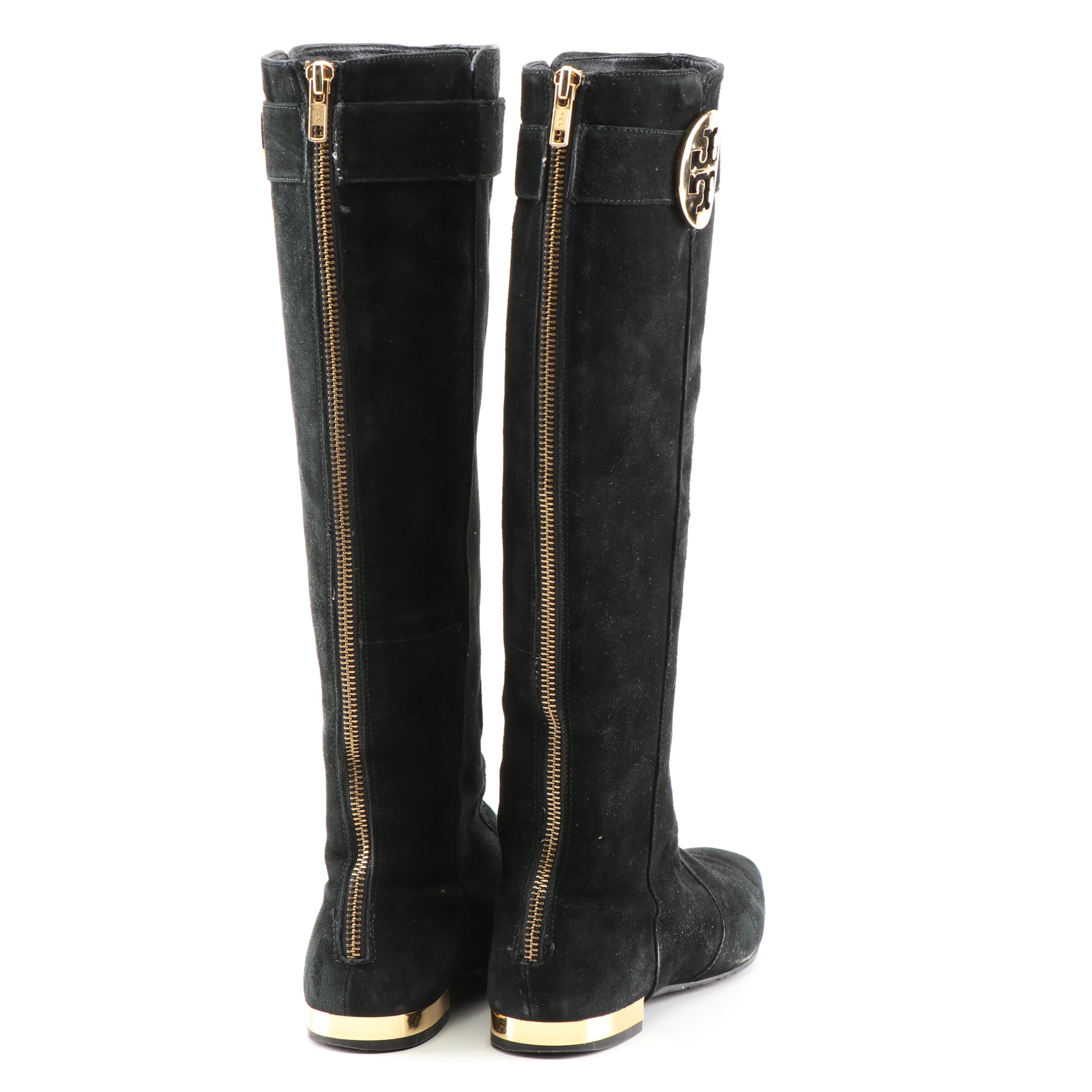 Tory Burch Black and Brown Suede Zipper-Back Tall Boots