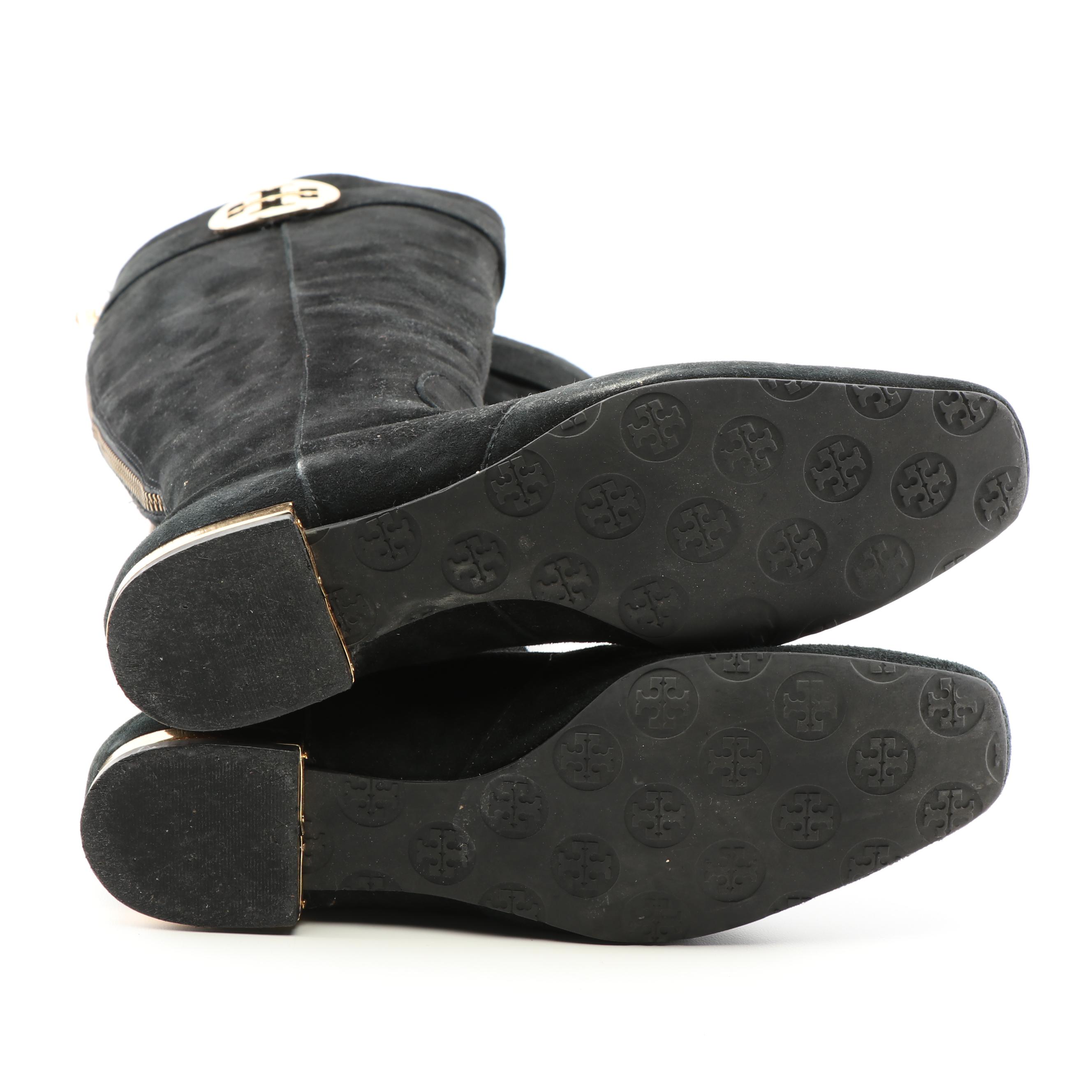 Tory Burch Black and Brown Suede Zipper-Back Tall Boots