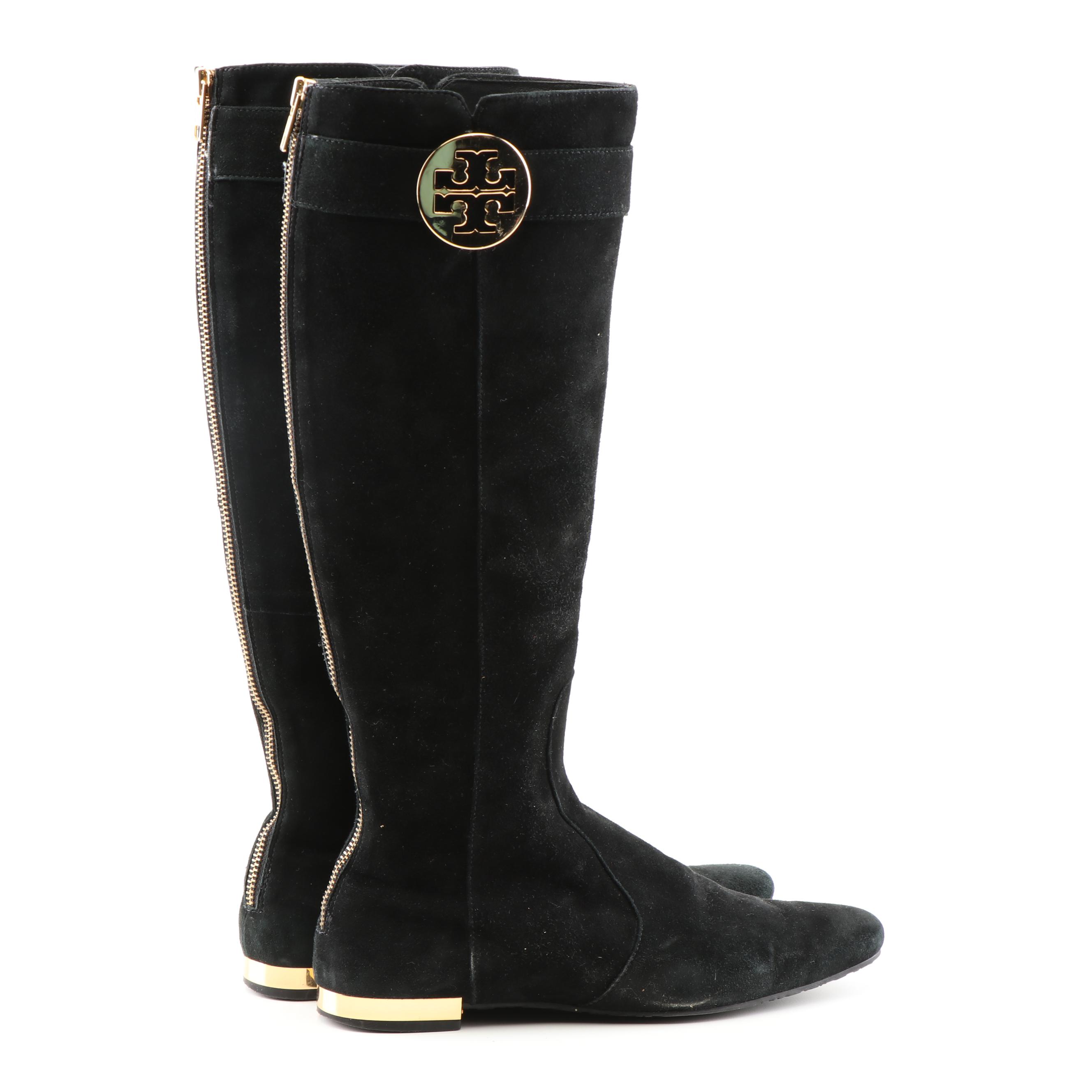 Tory Burch Black and Brown Suede Zipper-Back Tall Boots