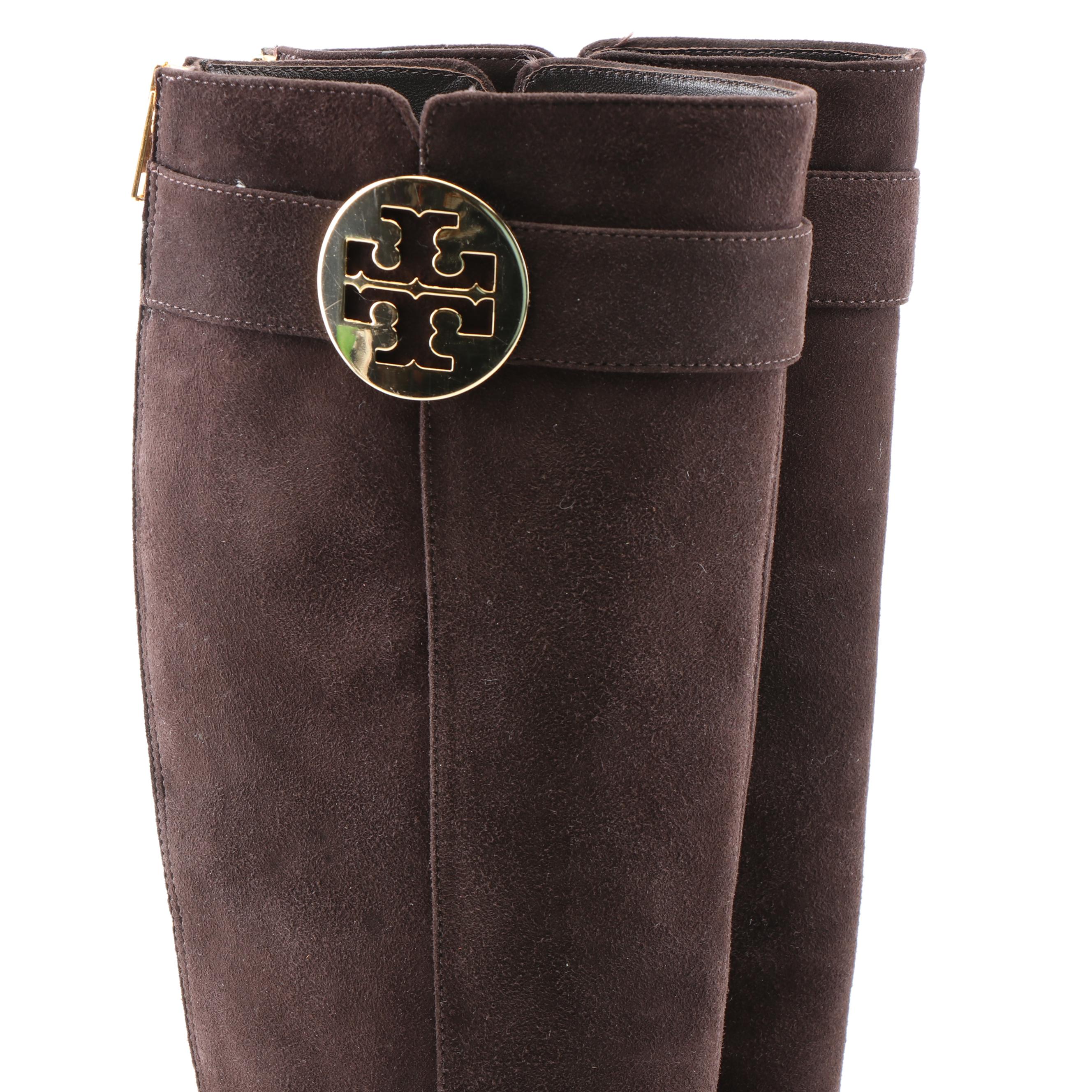 Tory Burch Black and Brown Suede Zipper-Back Tall Boots