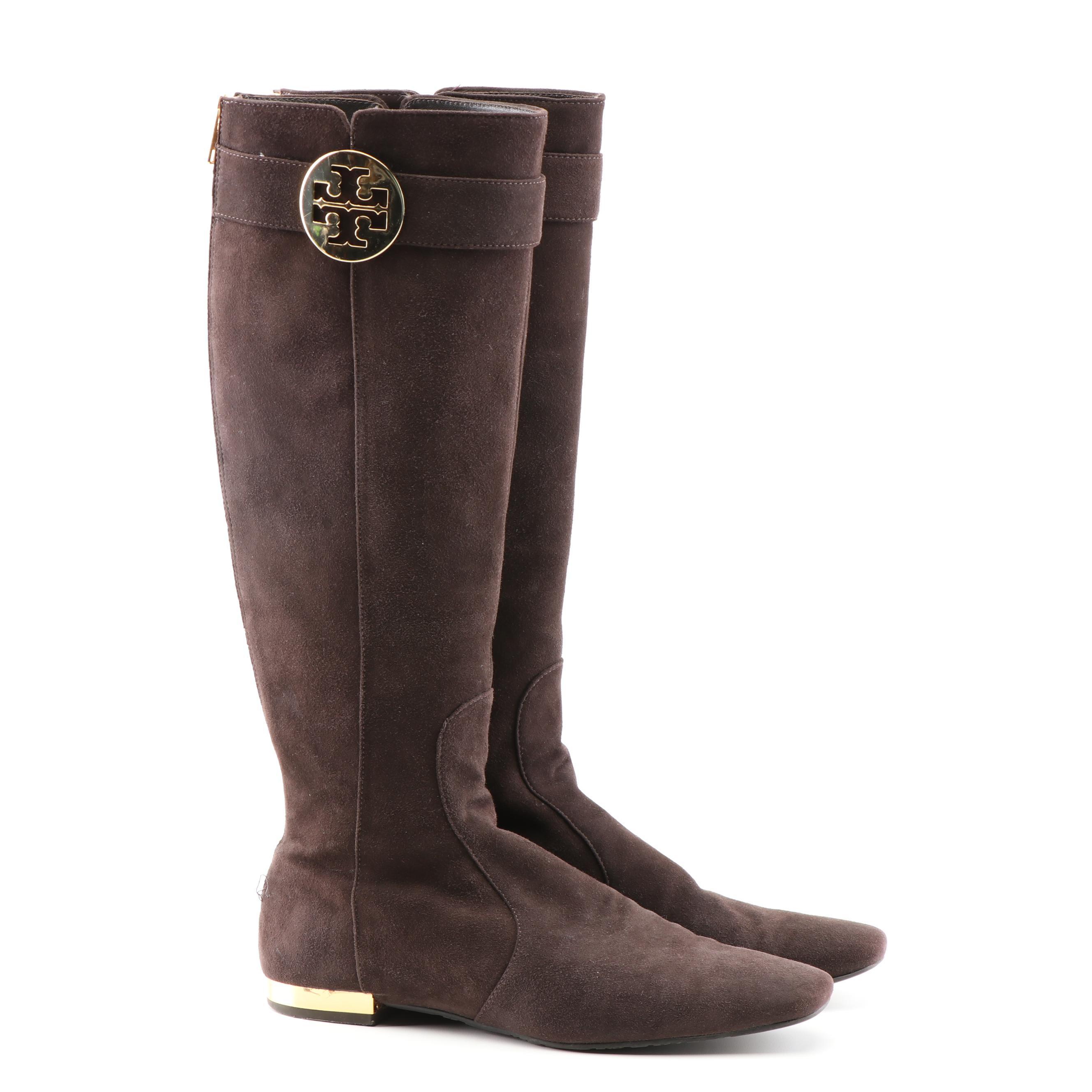 Tory Burch Black and Brown Suede Zipper-Back Tall Boots