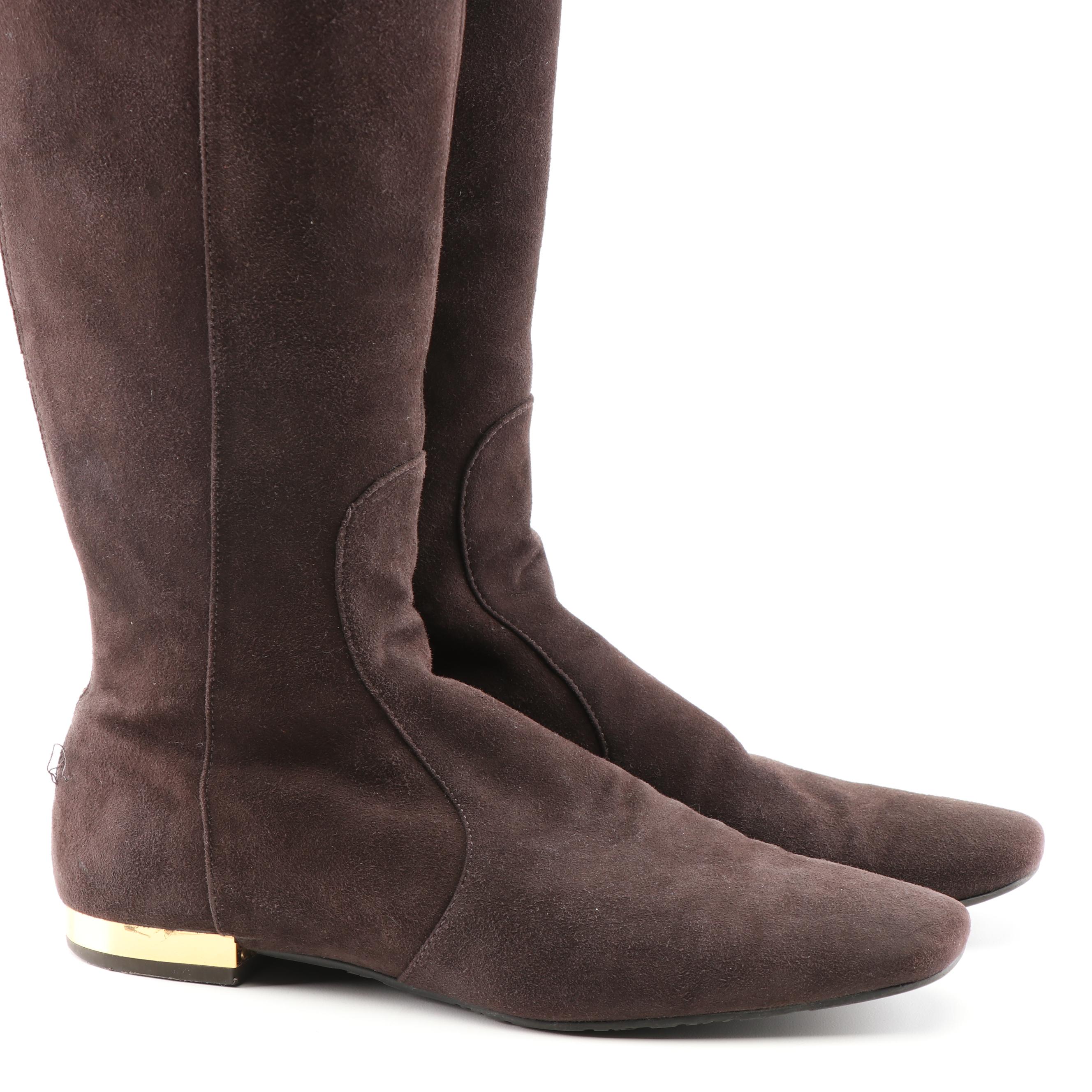 Tory Burch Black and Brown Suede Zipper-Back Tall Boots