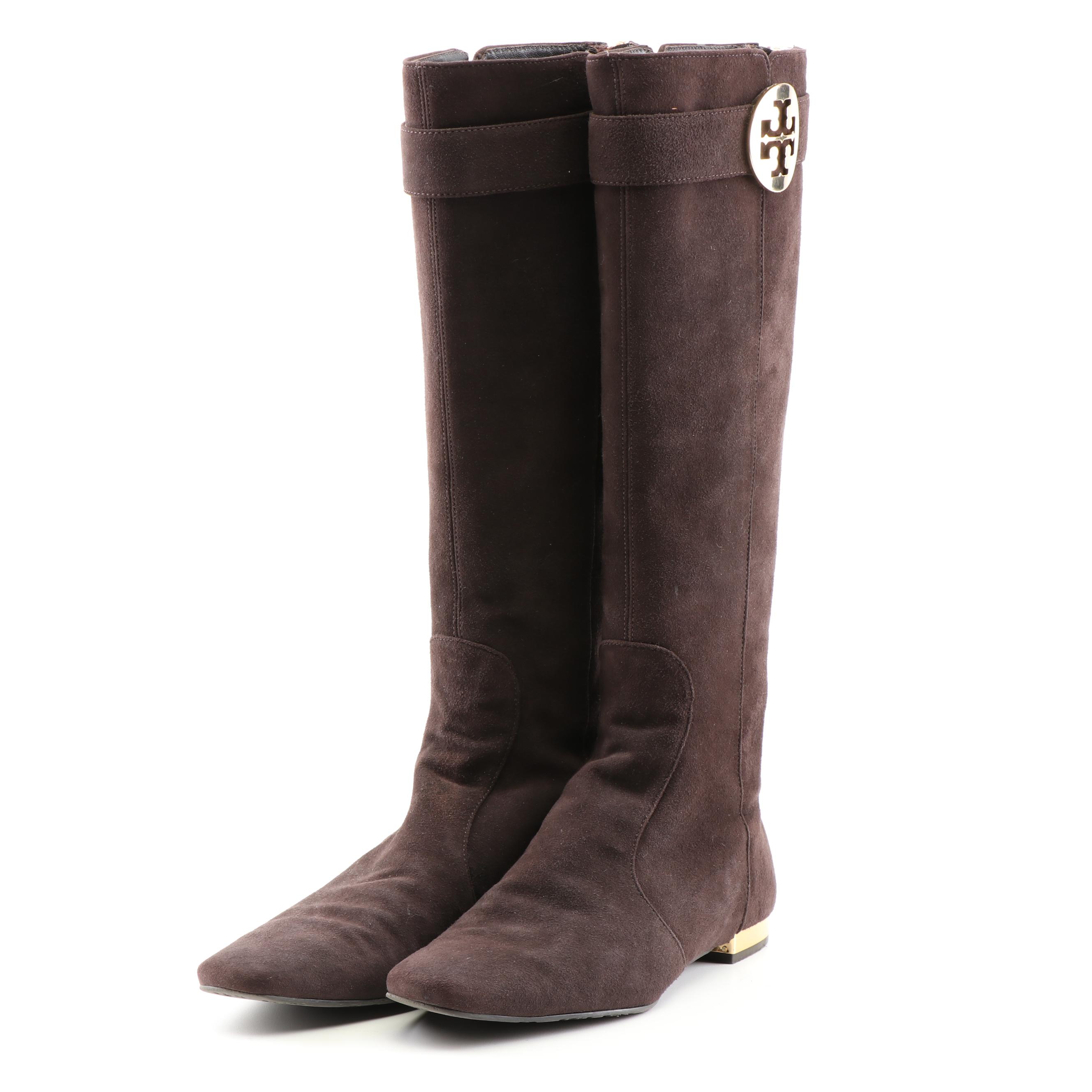 Tory Burch Black and Brown Suede Zipper-Back Tall Boots