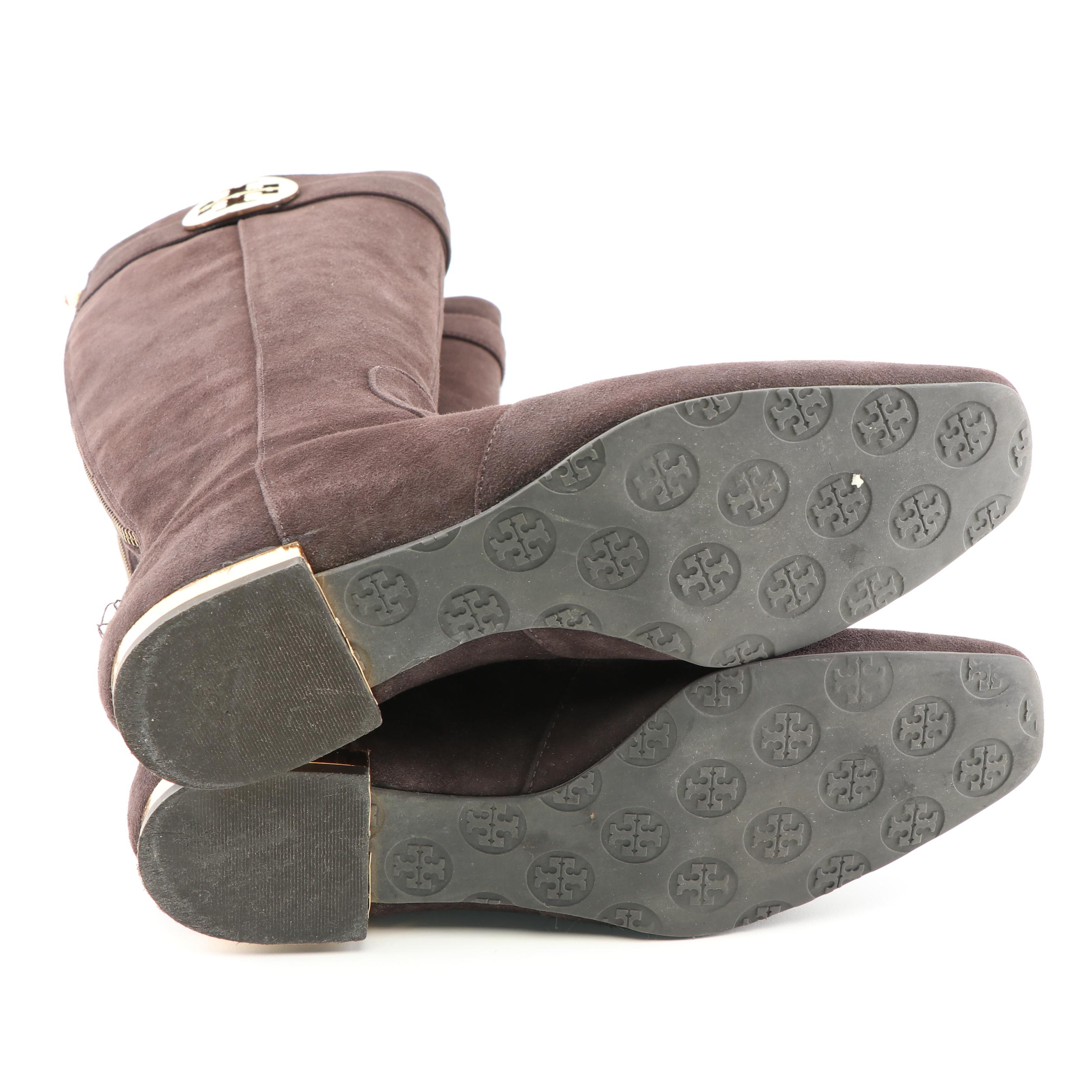 Tory Burch Black and Brown Suede Zipper-Back Tall Boots