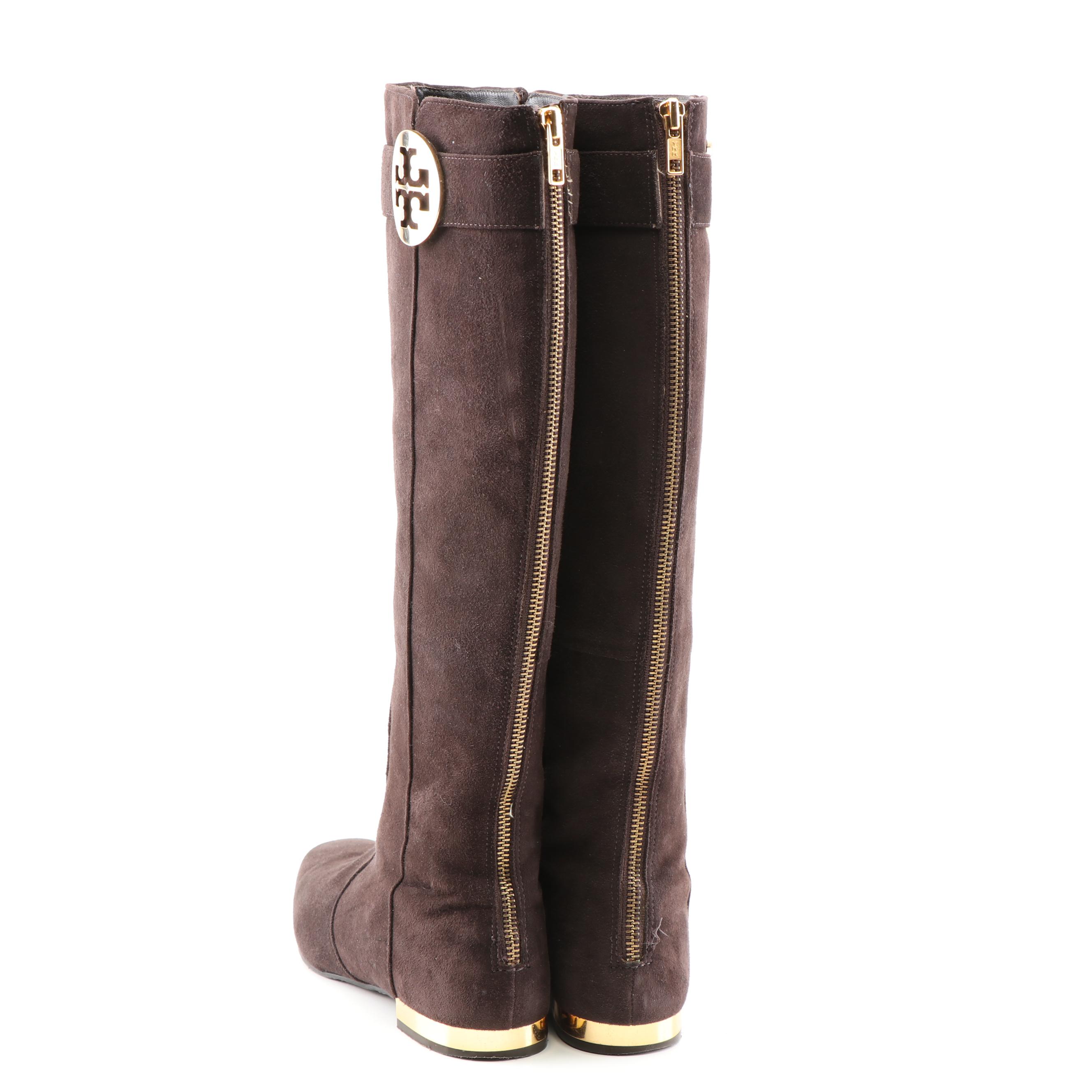 Tory Burch Black and Brown Suede Zipper-Back Tall Boots