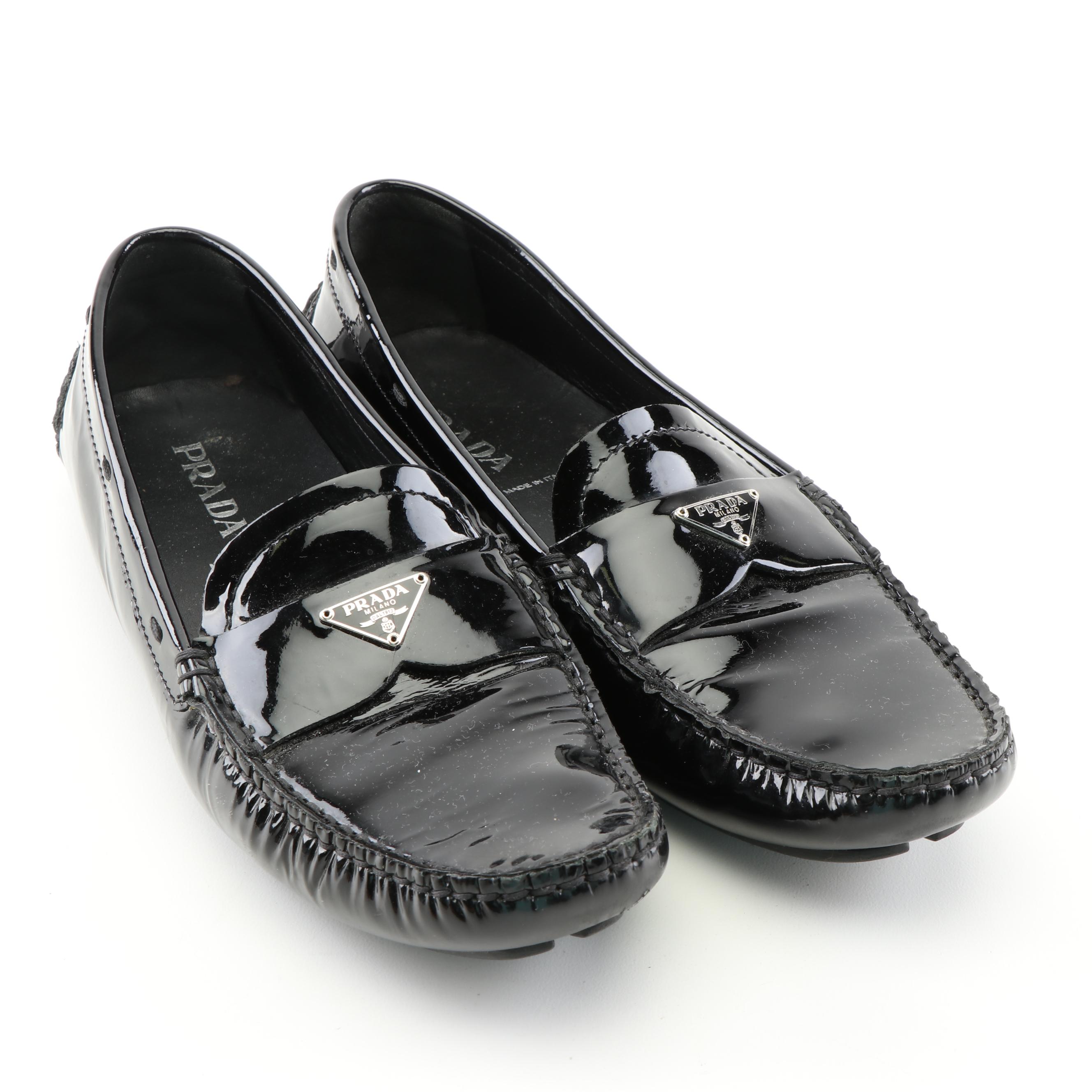 Prada Black Patent Leather and Gucci Tan Suede Bamboo Bit Loafers