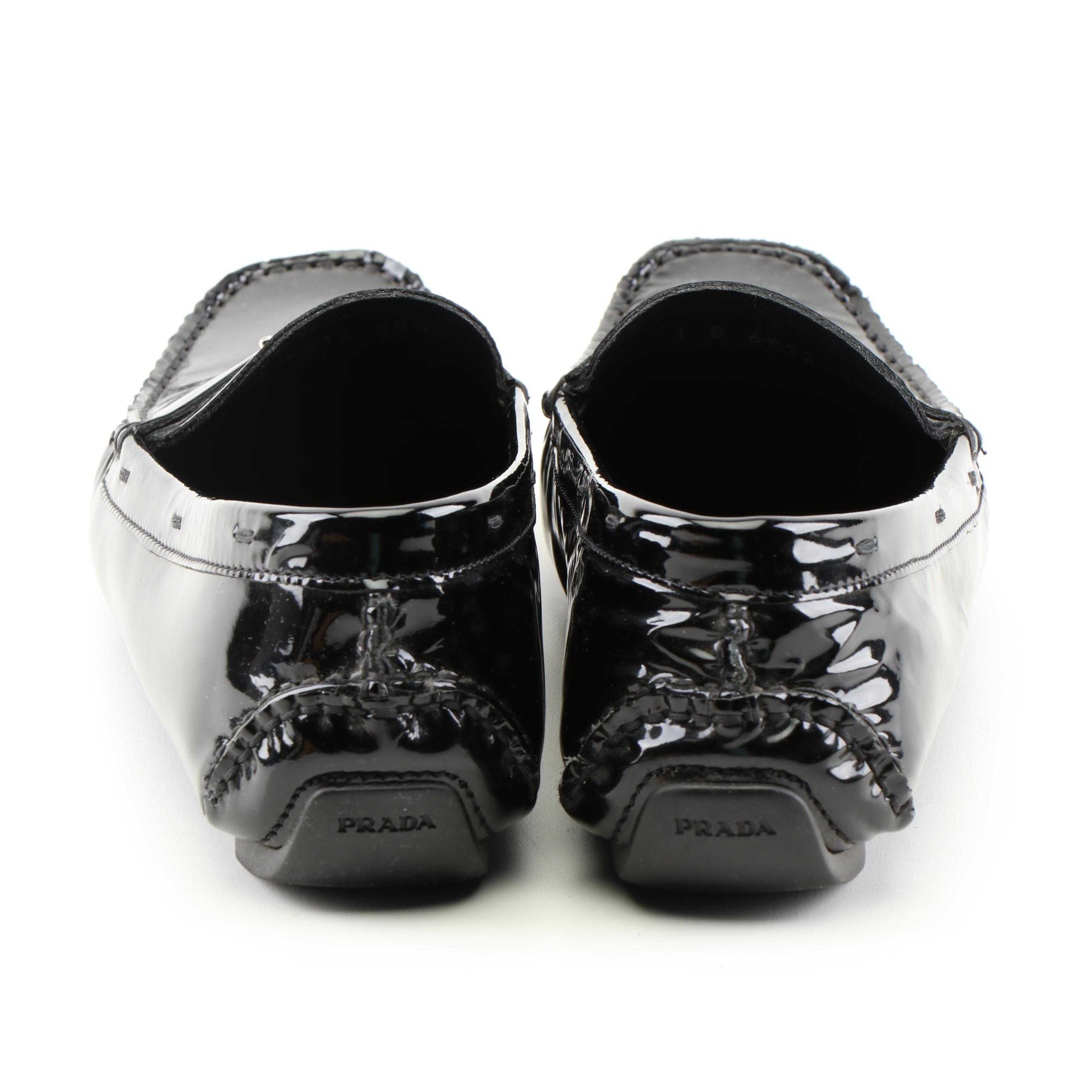 Prada Black Patent Leather and Gucci Tan Suede Bamboo Bit Loafers