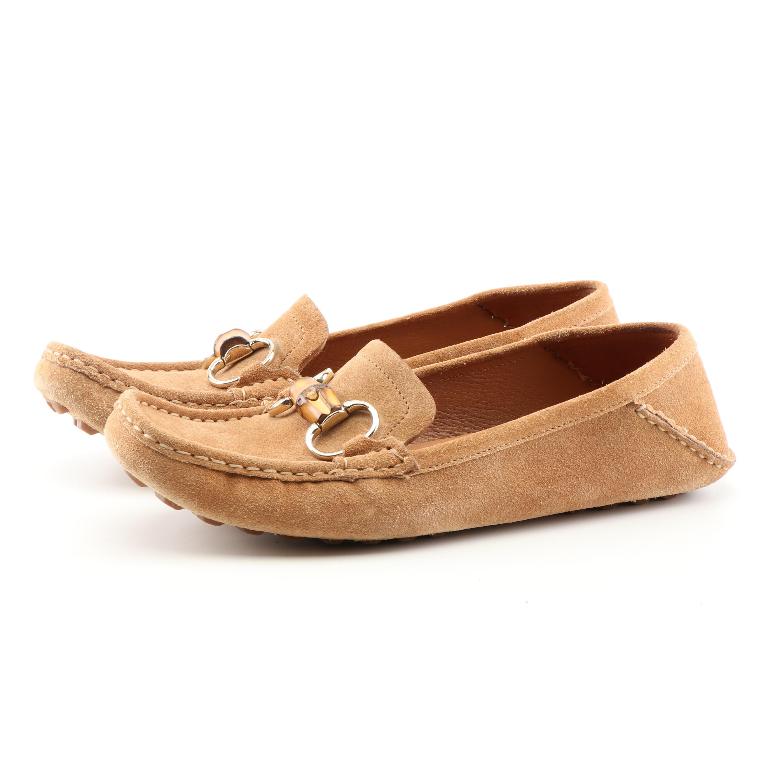 Prada Black Patent Leather and Gucci Tan Suede Bamboo Bit Loafers